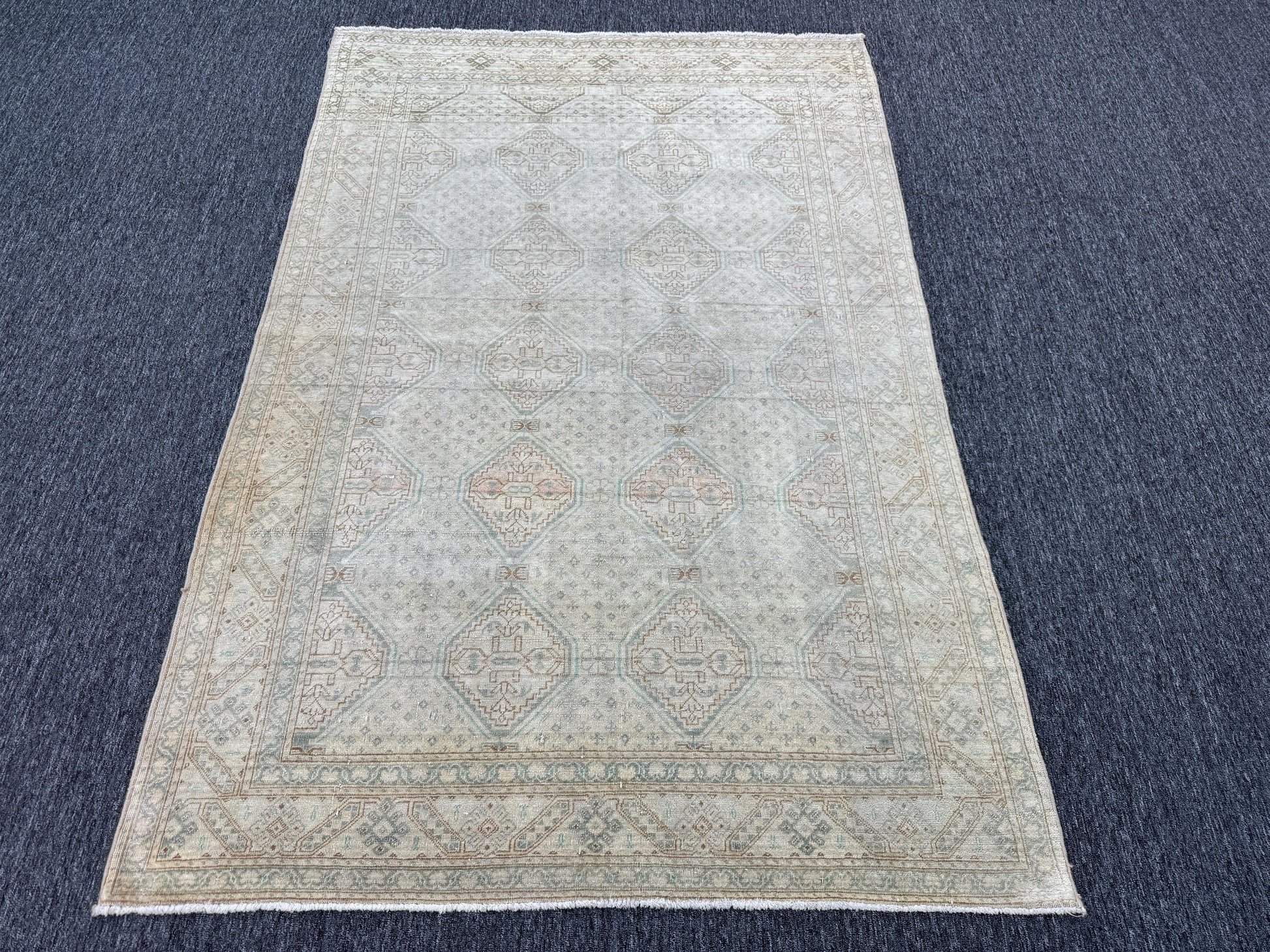 4'8"x7'1" Feet ,Beige background Turkish vintage Anatolian rug ,brown, gray colors rugs, beige border,Geometric rugs,274