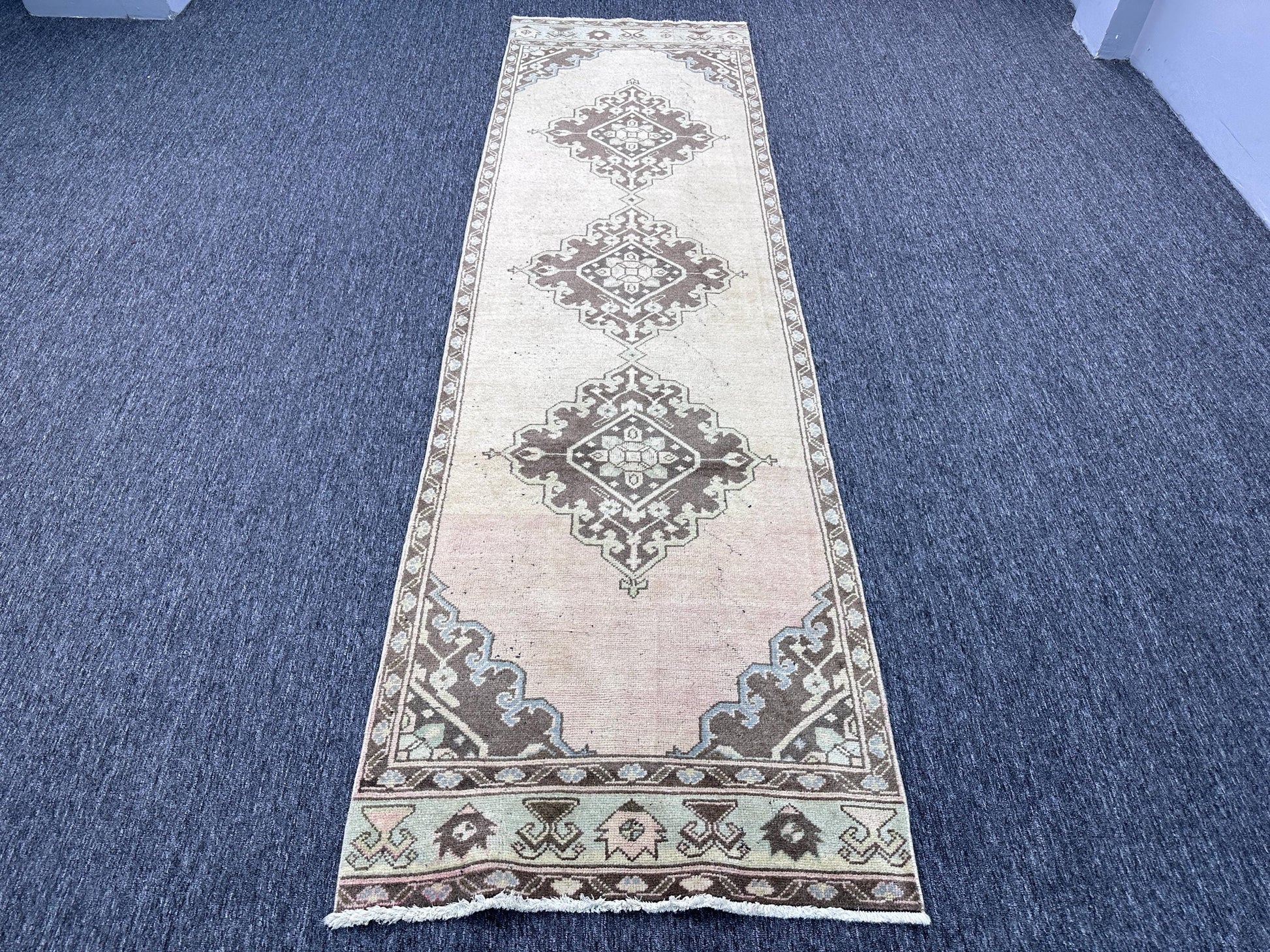 3'1"x11" Feet ,Beige background Turkish vintage Anatolian runner,brown,blue,green colors runner, brown border,Floral runner,301