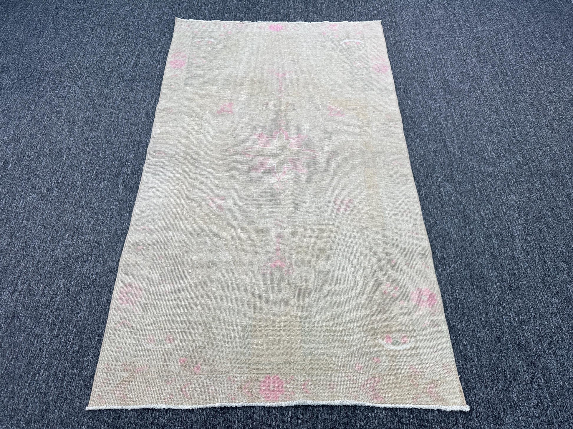 4'3"x7'3" Feet , Beige background Turkish vintage anatolian rug light pink, light gray colors rugs accents, beige border,Floral rugs,407