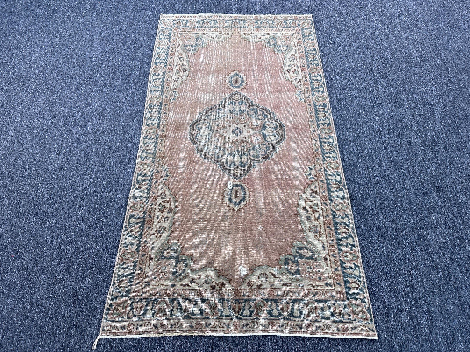 3'6"x6'8" Feet ,Light pink background Turkish vintage anatolian rug ,gray, beige colors rugs accents, gray border,Floral rugs,425