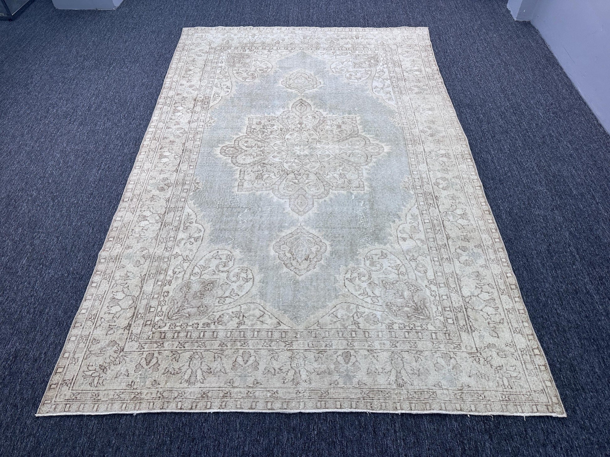 6'8"x10'5" Feet ,light blue background Turkish vintage anatolian rug ,brown, cream colors rugs accents,cream border,Floral rugs,428