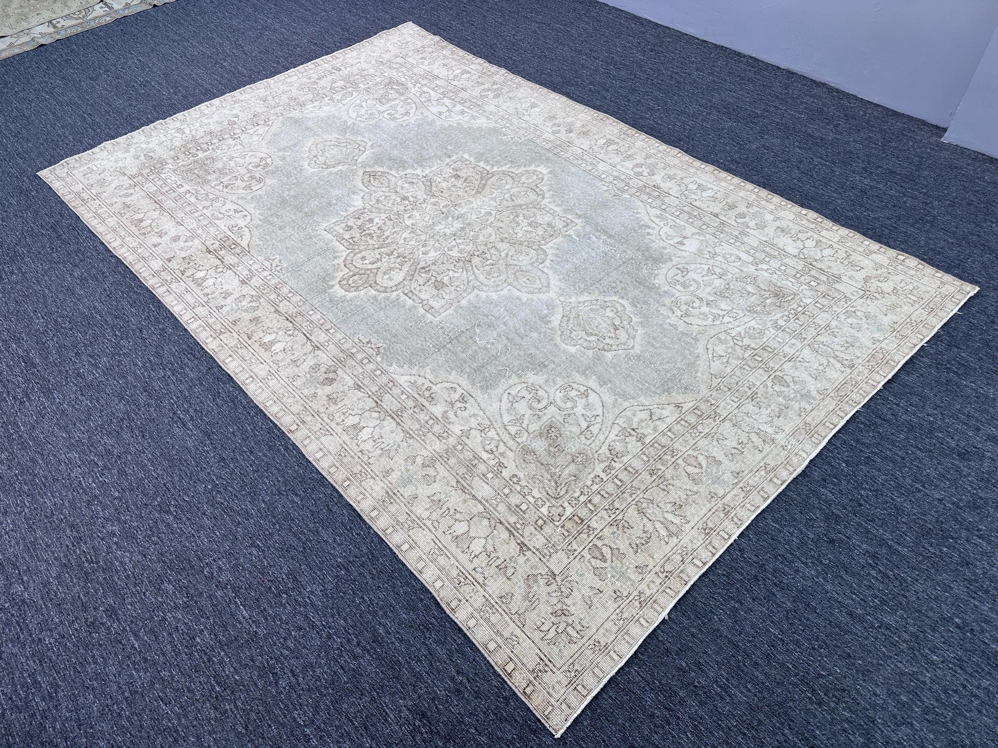6'8"x10'5" Feet ,light blue background Turkish vintage anatolian rug ,brown, cream colors rugs accents,cream border,Floral rugs,428