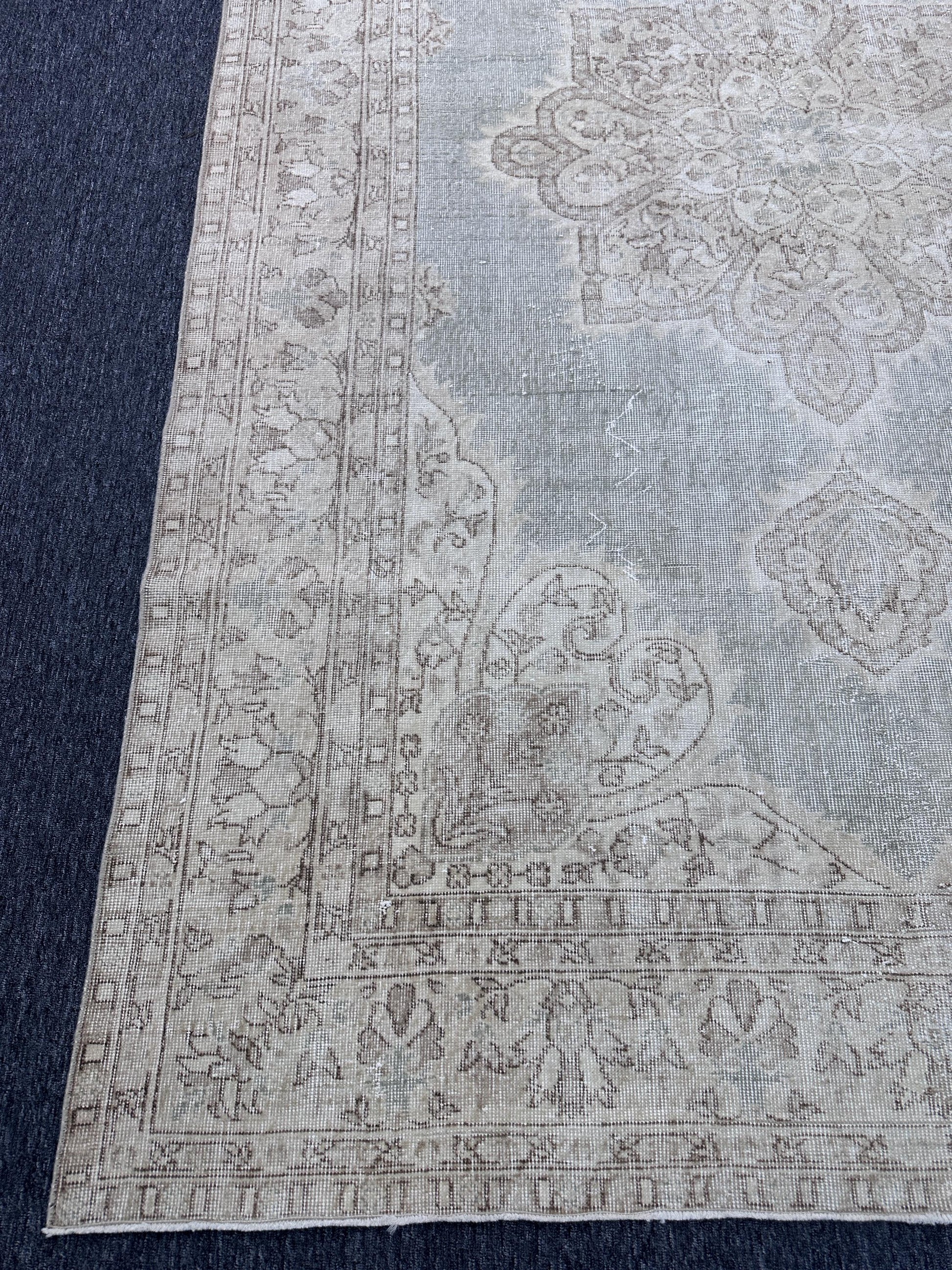 6'8"x10'5" Feet ,light blue background Turkish vintage anatolian rug ,brown, cream colors rugs accents,cream border,Floral rugs,428