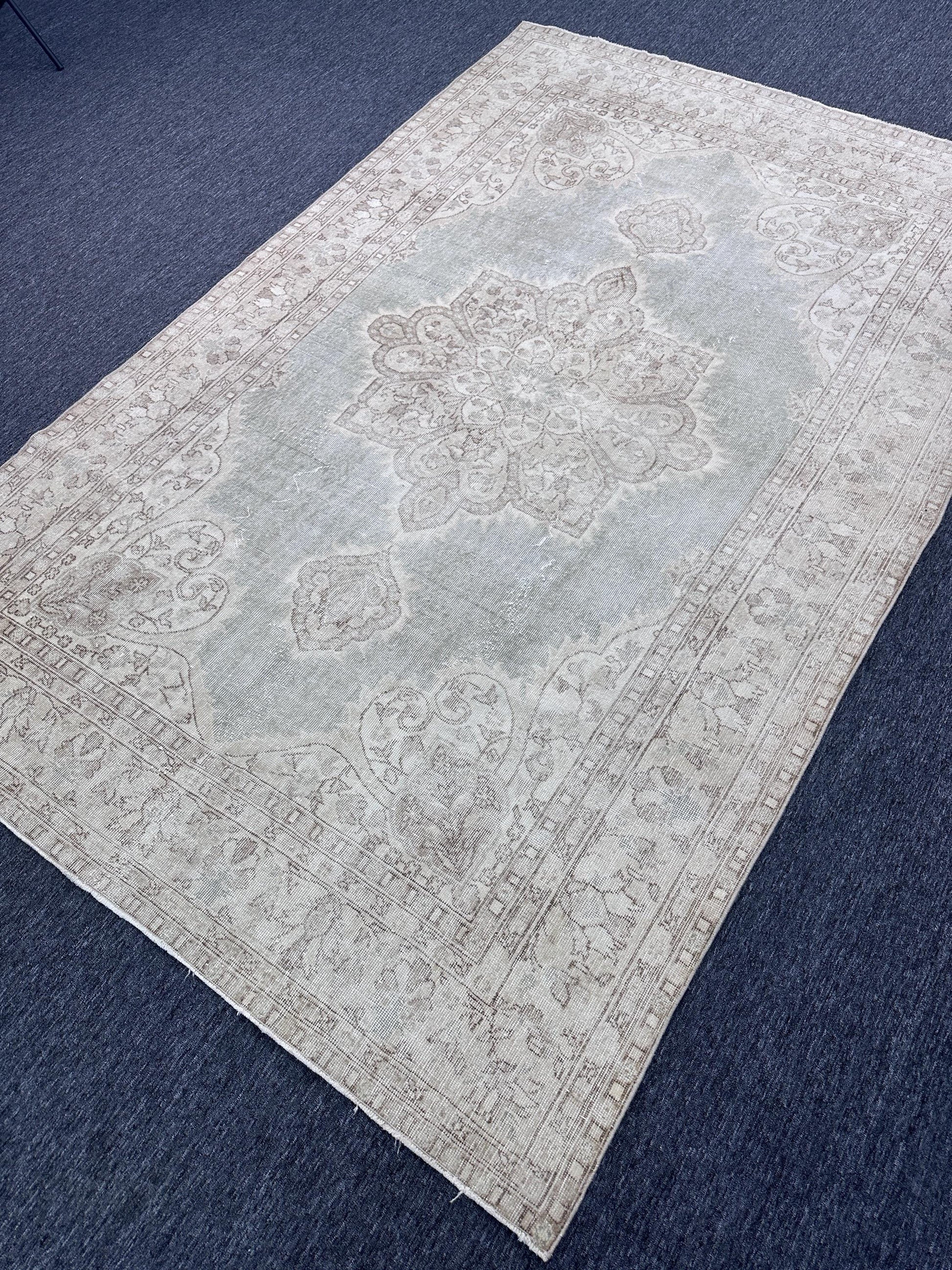 6'8"x10'5" Feet ,light blue background Turkish vintage anatolian rug ,brown, cream colors rugs accents,cream border,Floral rugs,428