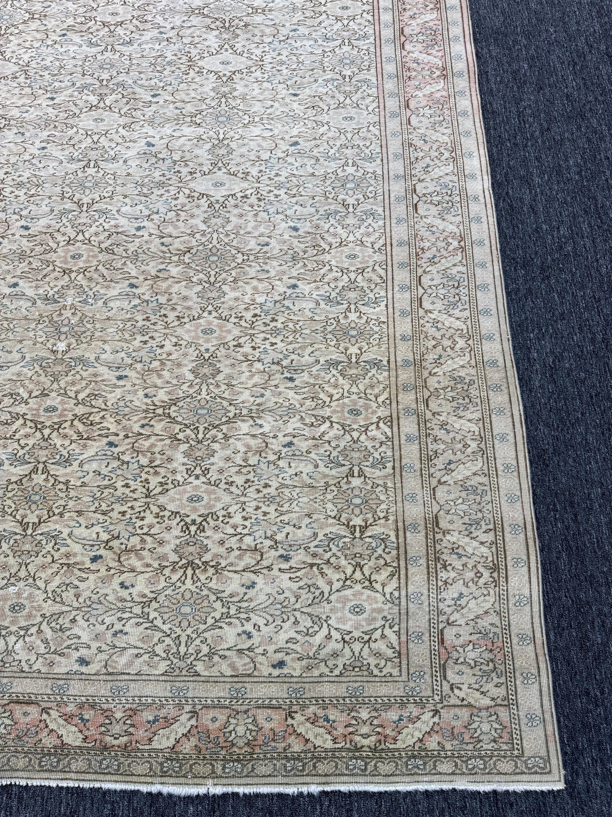 6'5"x 9'4" Feet ,Beige background Turkish vintage anatolian rug ,brown, light pink colors rugs accents, beige border,Floral rugs,430