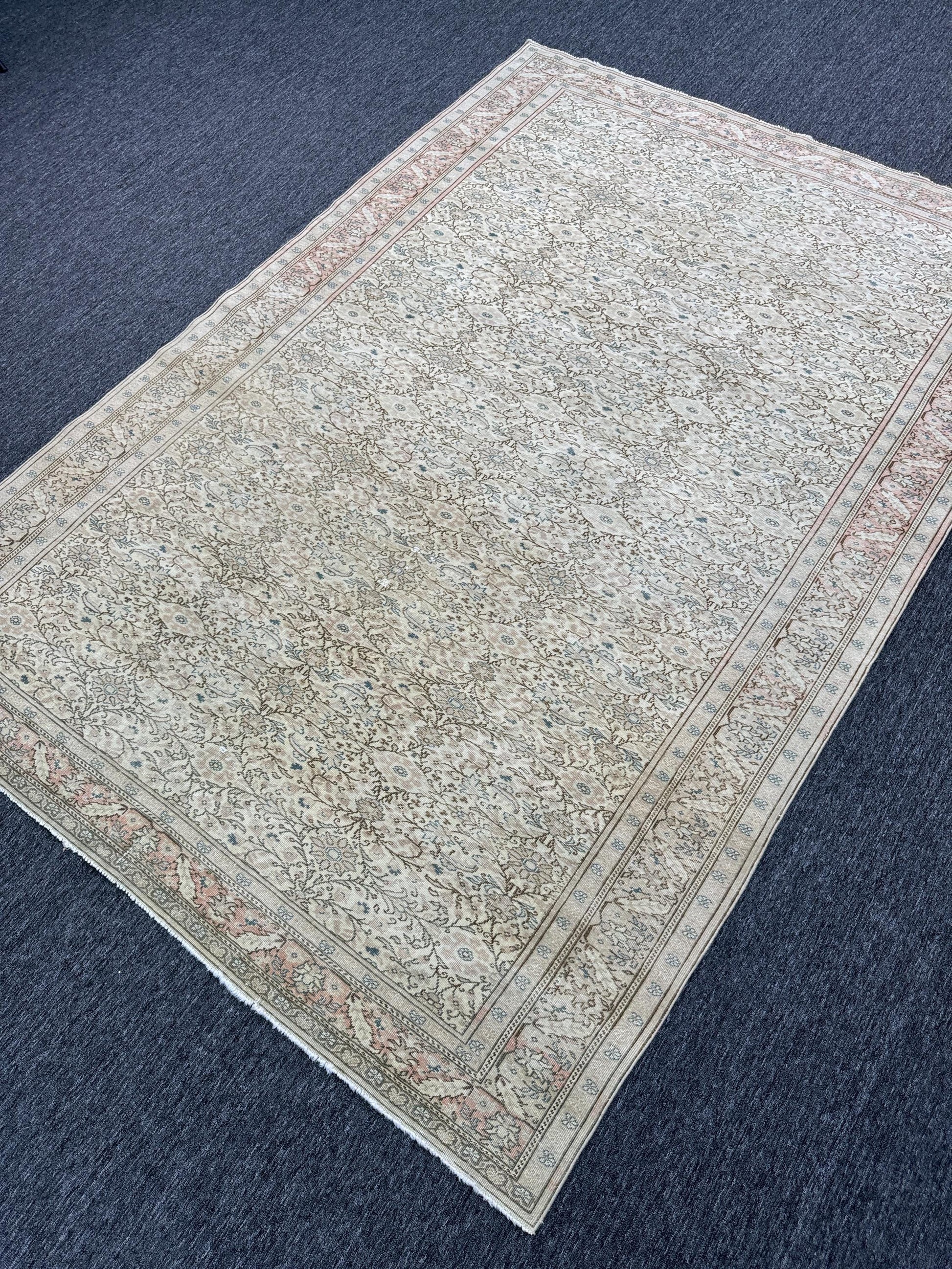 6'5"x 9'4" Feet ,Beige background Turkish vintage anatolian rug ,brown, light pink colors rugs accents, beige border,Floral rugs,430