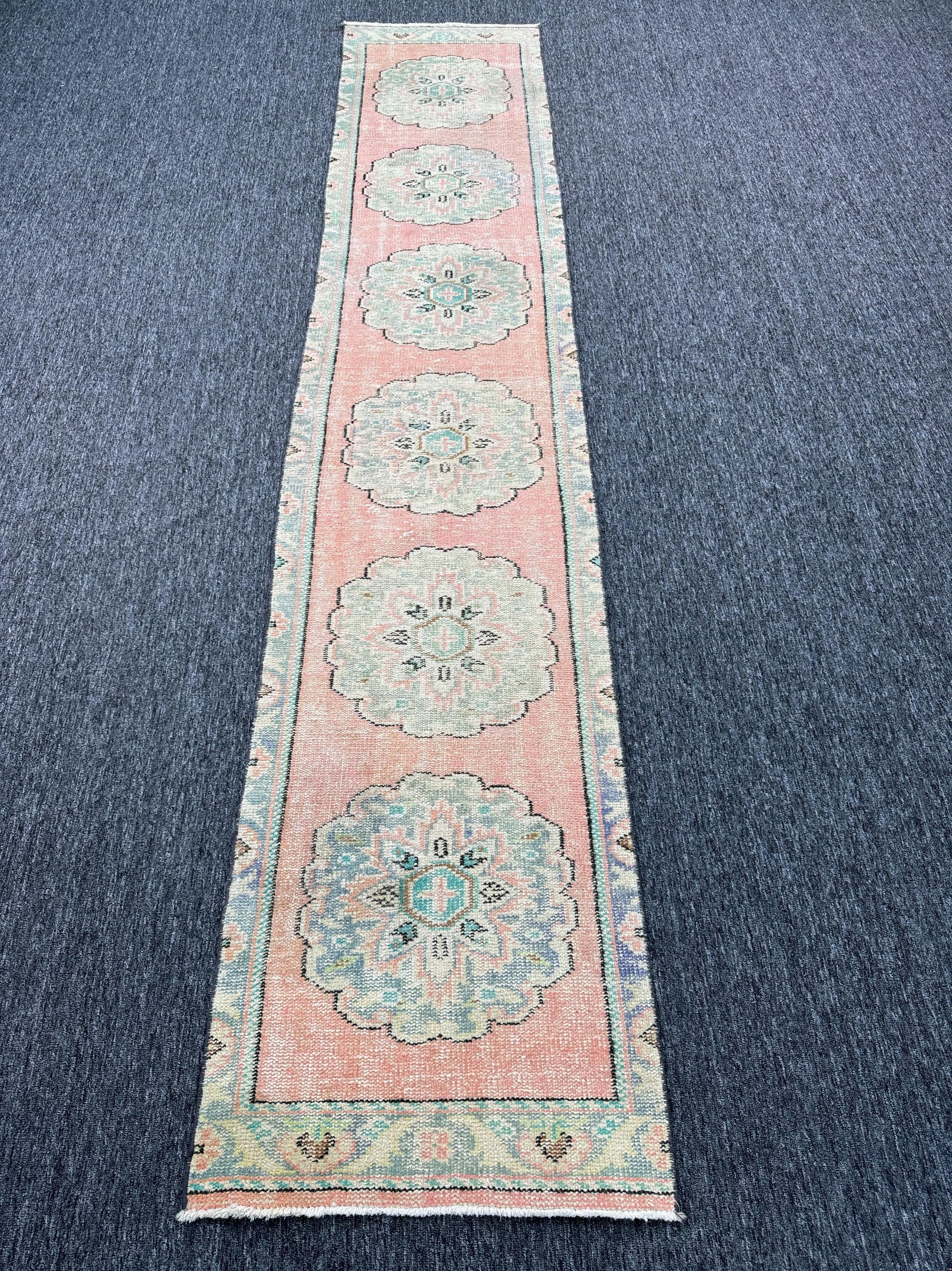 2'2"x11'1"Feet ,Pink background Turkish vintage anatolian runner ,gray, beige colors rugs runner,gray border,Floral runner,439