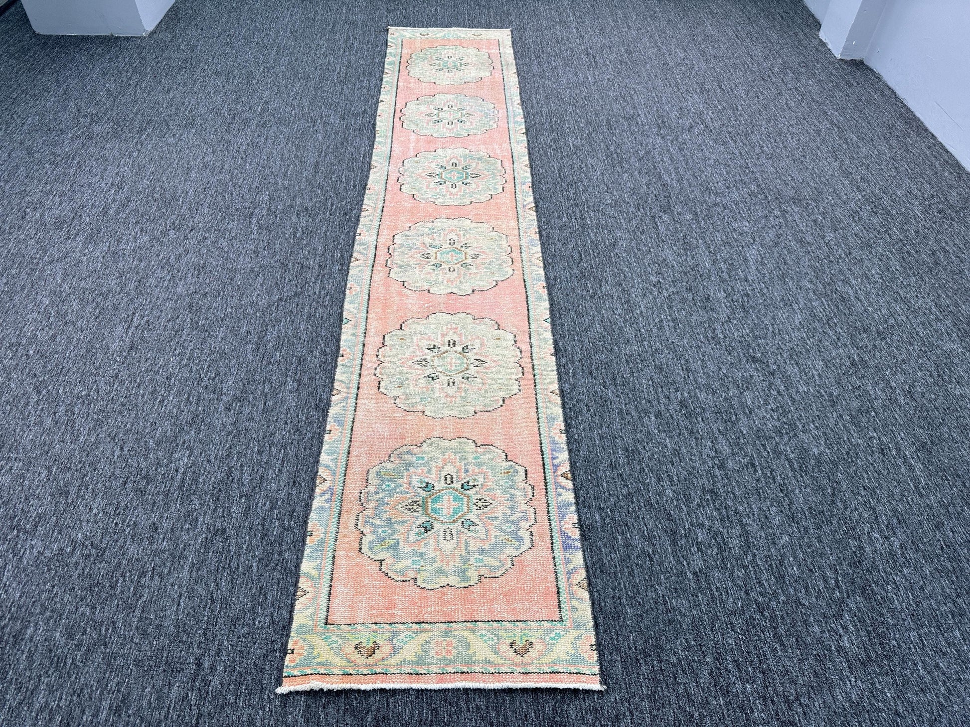 2'2"x11'1"Feet ,Pink background Turkish vintage anatolian runner ,gray, beige colors rugs runner,gray border,Floral runner,439