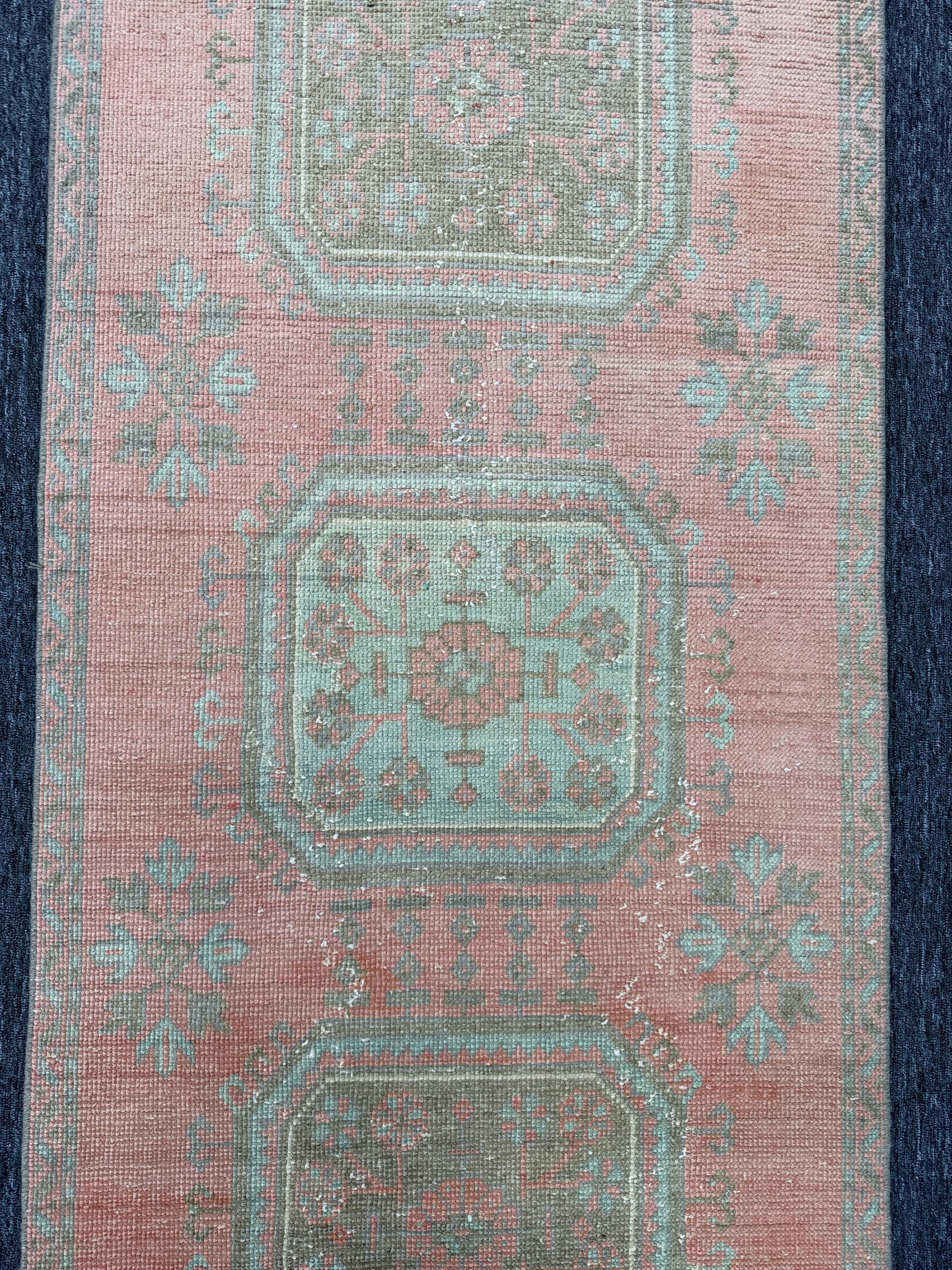 3"x12"Feet ,Pink background Turkish vintage anatolian runner,gray,blue colors runners accents, pink border,Floral runner,456