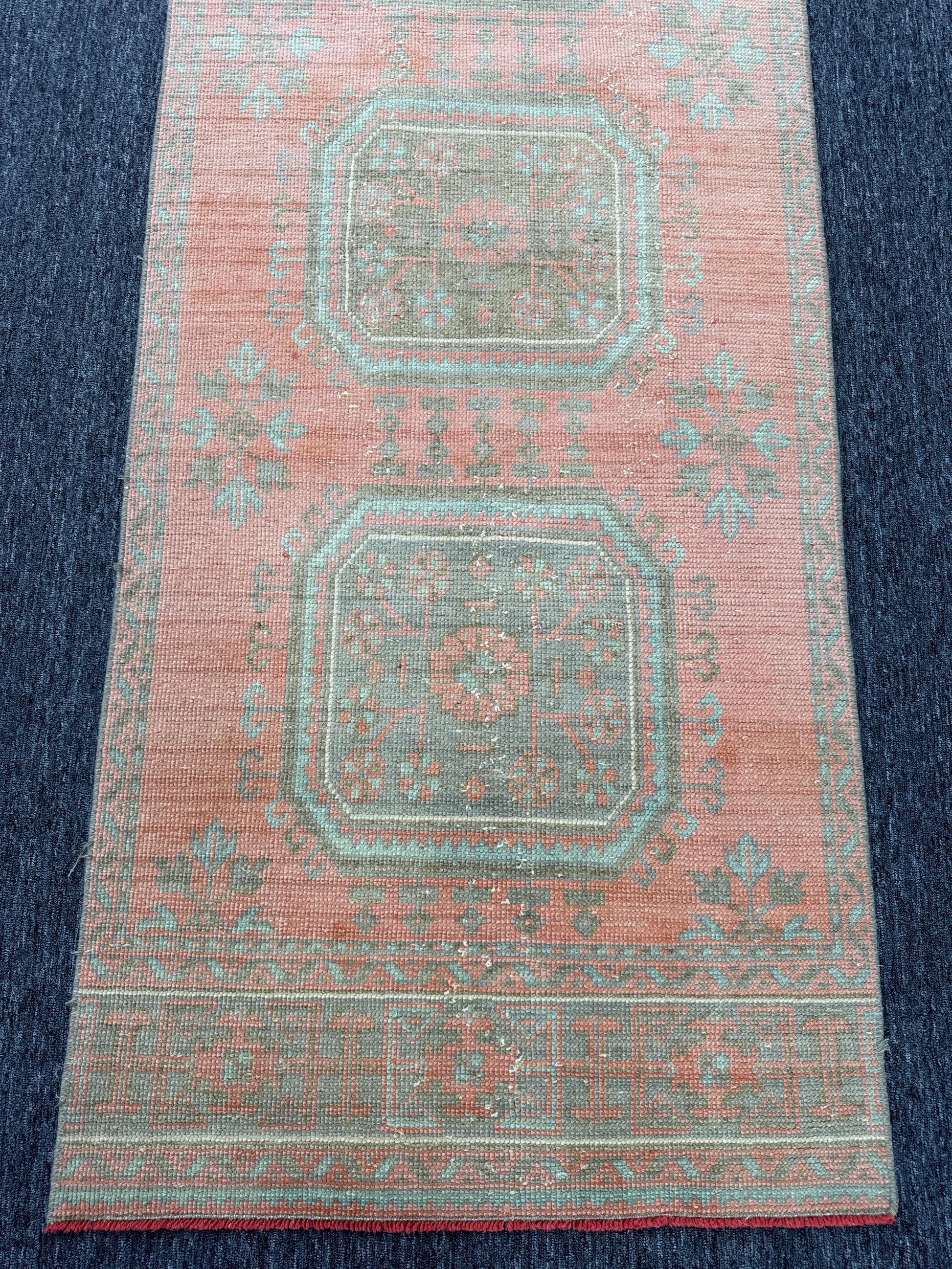 3"x12"Feet ,Pink background Turkish vintage anatolian runner,gray,blue colors runners accents, pink border,Floral runner,456