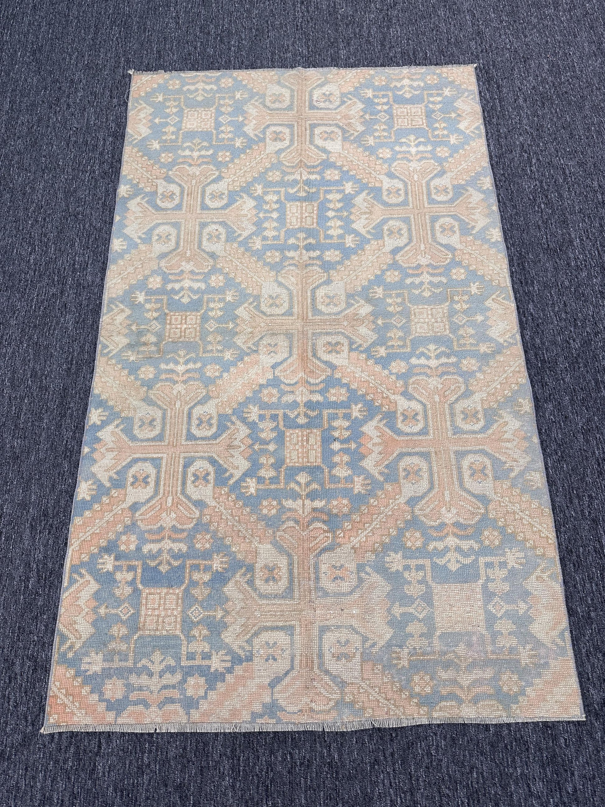 3'9"x6'3" Feet ,Blue background Turkish vintage anatolian rug ,light pink,cream colors rugs accents, light pink border,Floral rugs,529