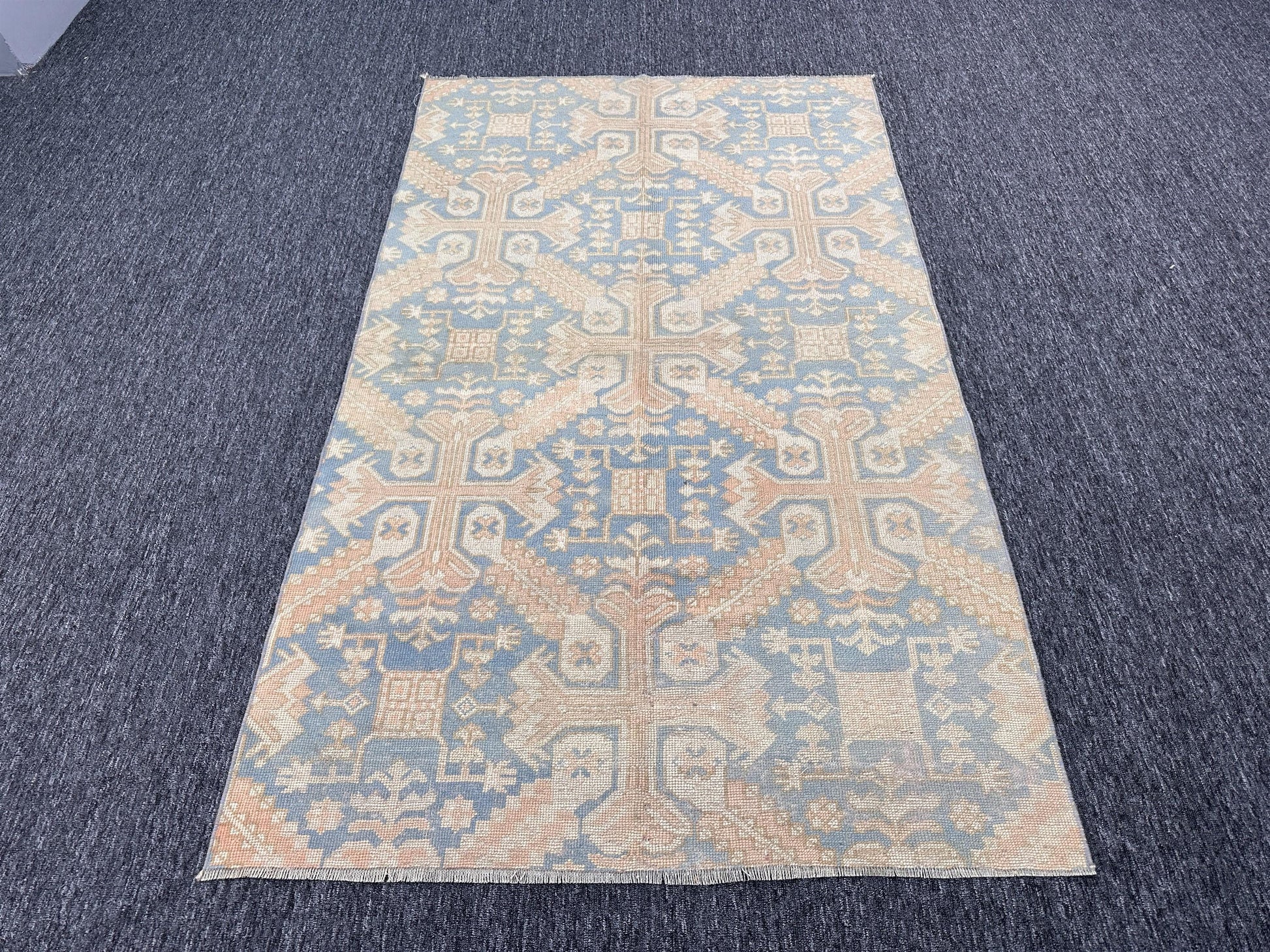 3'9"x6'3" Feet ,Blue background Turkish vintage anatolian rug ,light pink,cream colors rugs accents, light pink border,Floral rugs,529