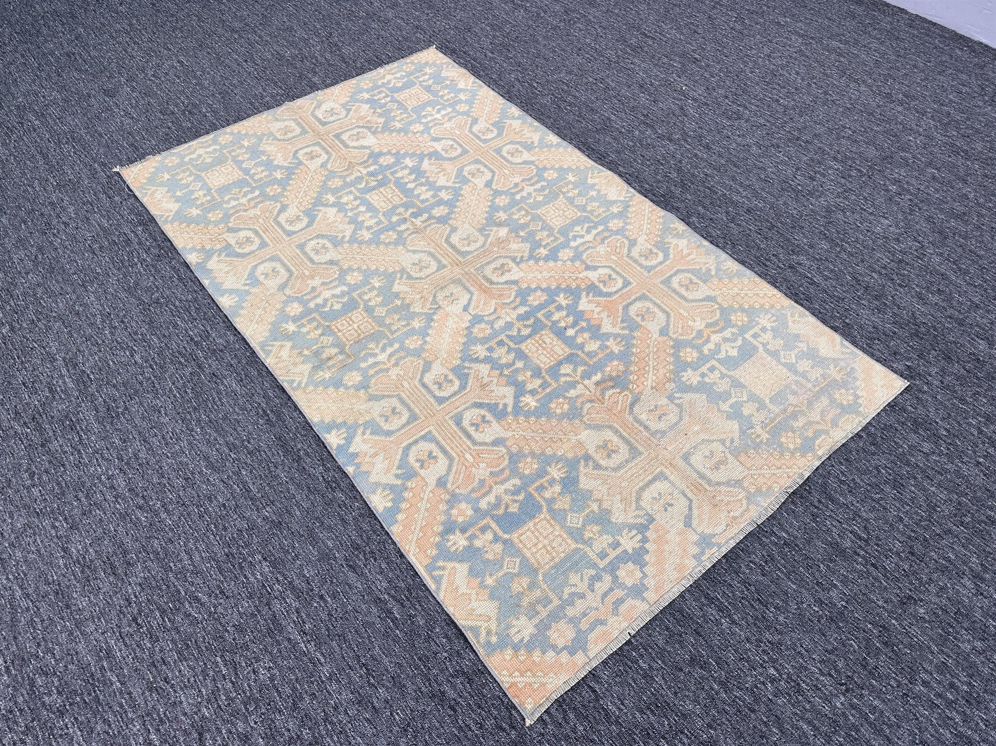 3'9"x6'3" Feet ,Blue background Turkish vintage anatolian rug ,light pink,cream colors rugs accents, light pink border,Floral rugs,529