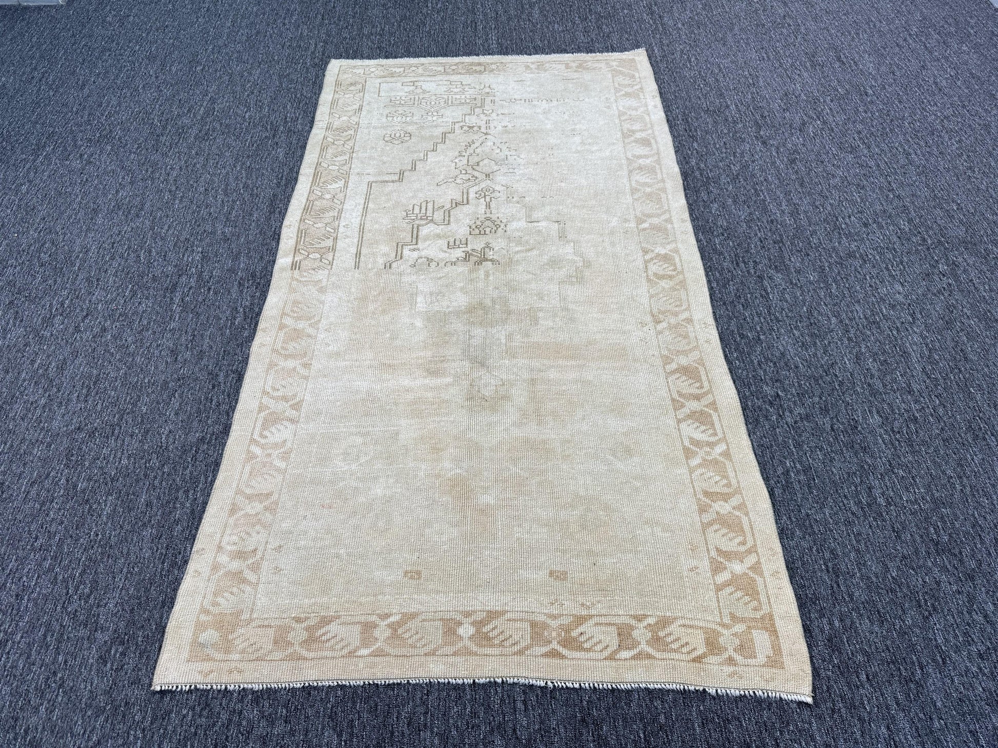 3'8"x6'10" Feet ,Beige background Turkish vintage anatolian rug ,light gray,light brown colors rugs accents, light brown border,Floral rugs,567