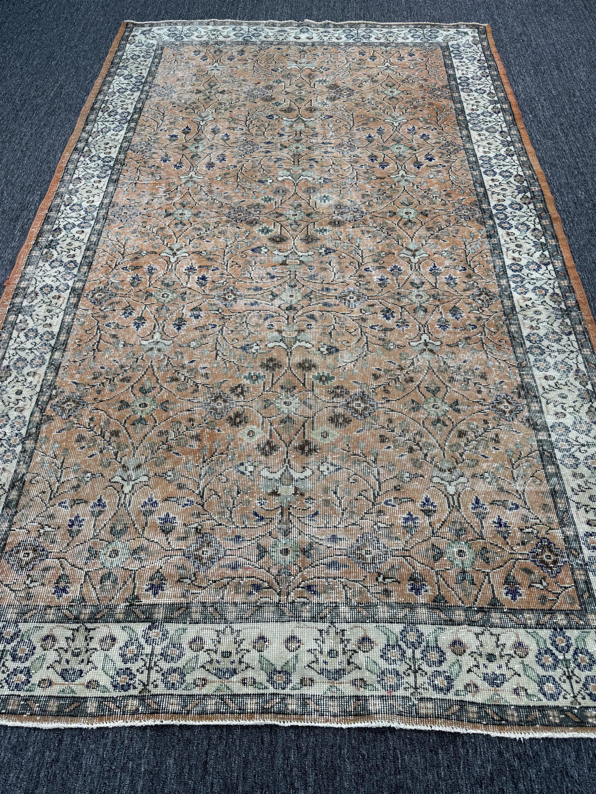 5'9"x9'8" Feet ,Orange background Turkish vintage anatolian rug,blue, brown colors rugs accents,cream border,Floral rugs,560