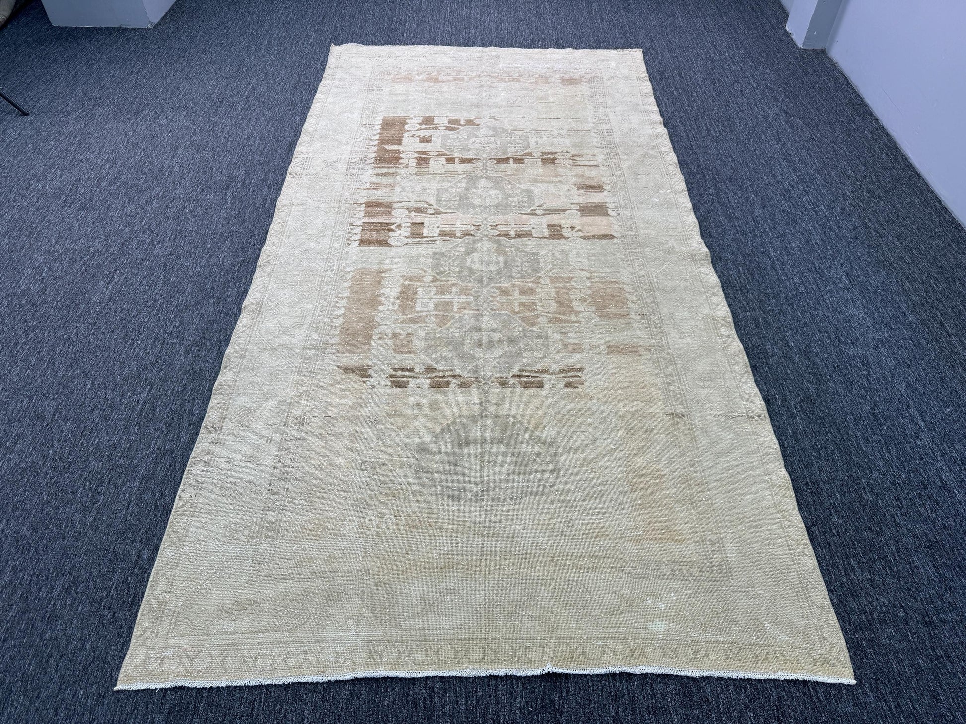 5'4"x10'7" Feet ,Beige background Turkish vintage anatolian rug ,brown, light gray colors rugs area rugs ,beige border,Floral rugs,765