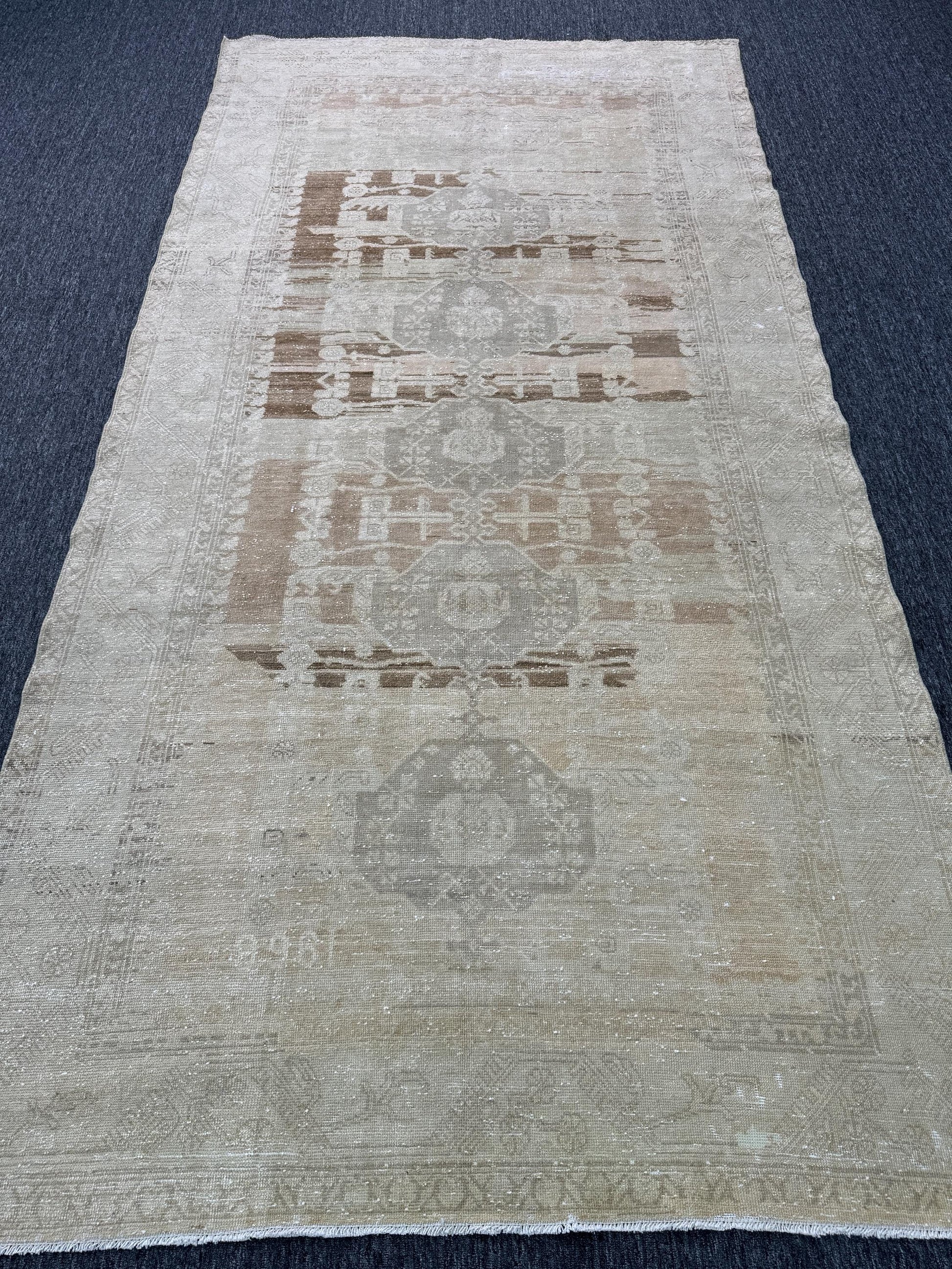 5'4"x10'7" Feet ,Beige background Turkish vintage anatolian rug ,brown, light gray colors rugs area rugs ,beige border,Floral rugs,765