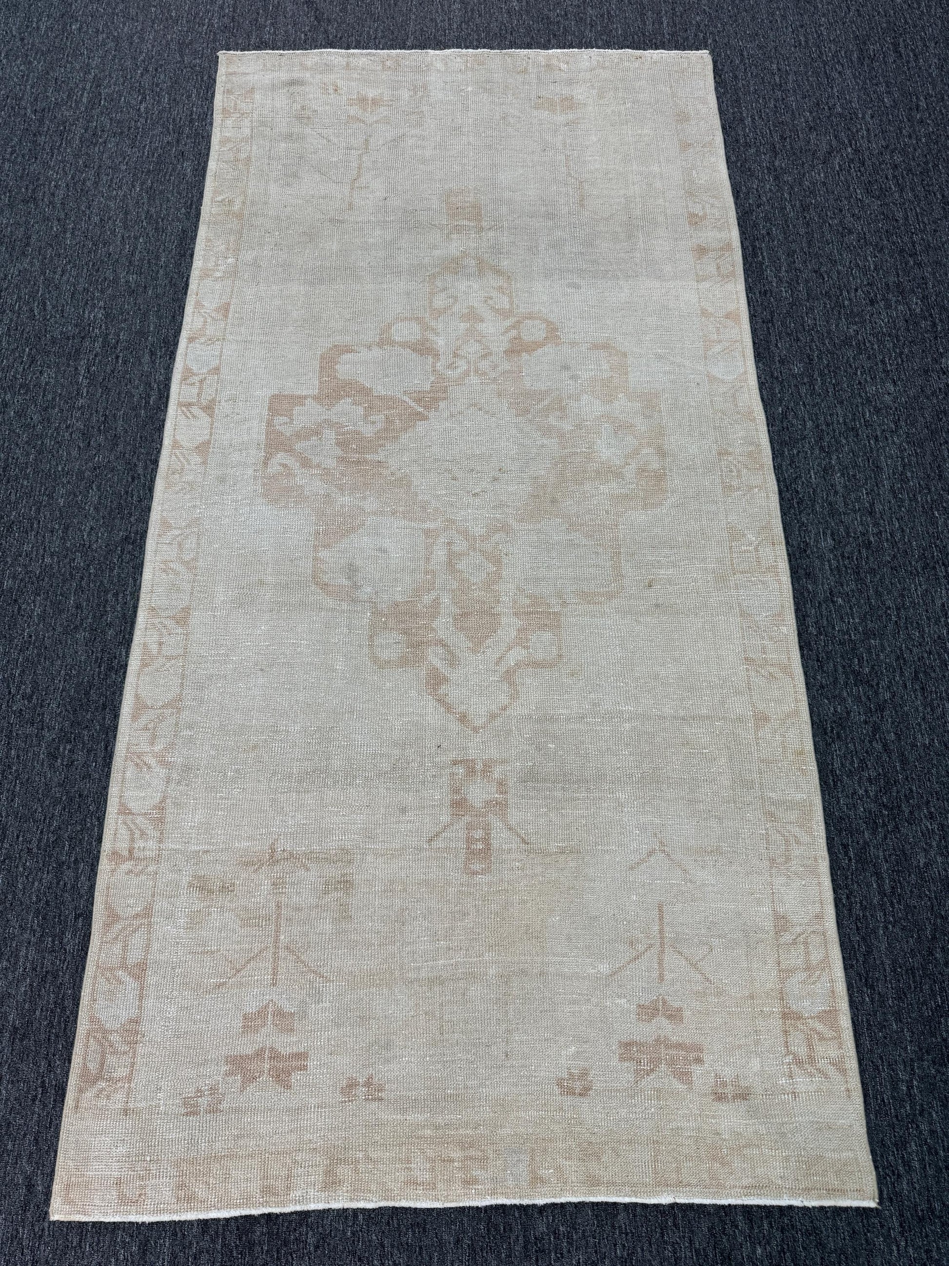 ,4'3"x8'8" Feet , Beige background Turkish vintage anatolian rug, brown colors rugs accents,beige border,Floral rugs,922