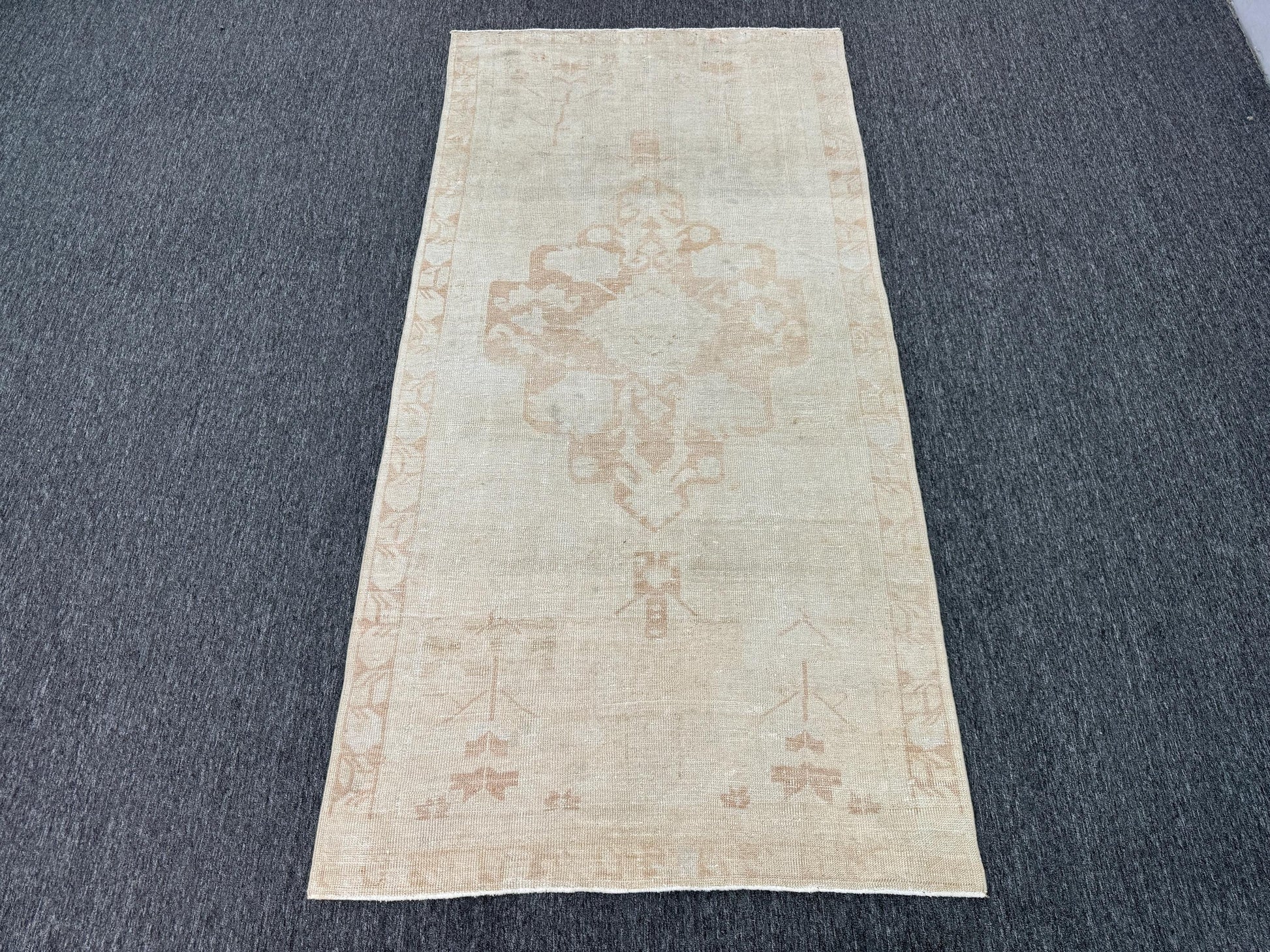 ,4'3"x8'8" Feet , Beige background Turkish vintage anatolian rug, brown colors rugs accents,beige border,Floral rugs,922
