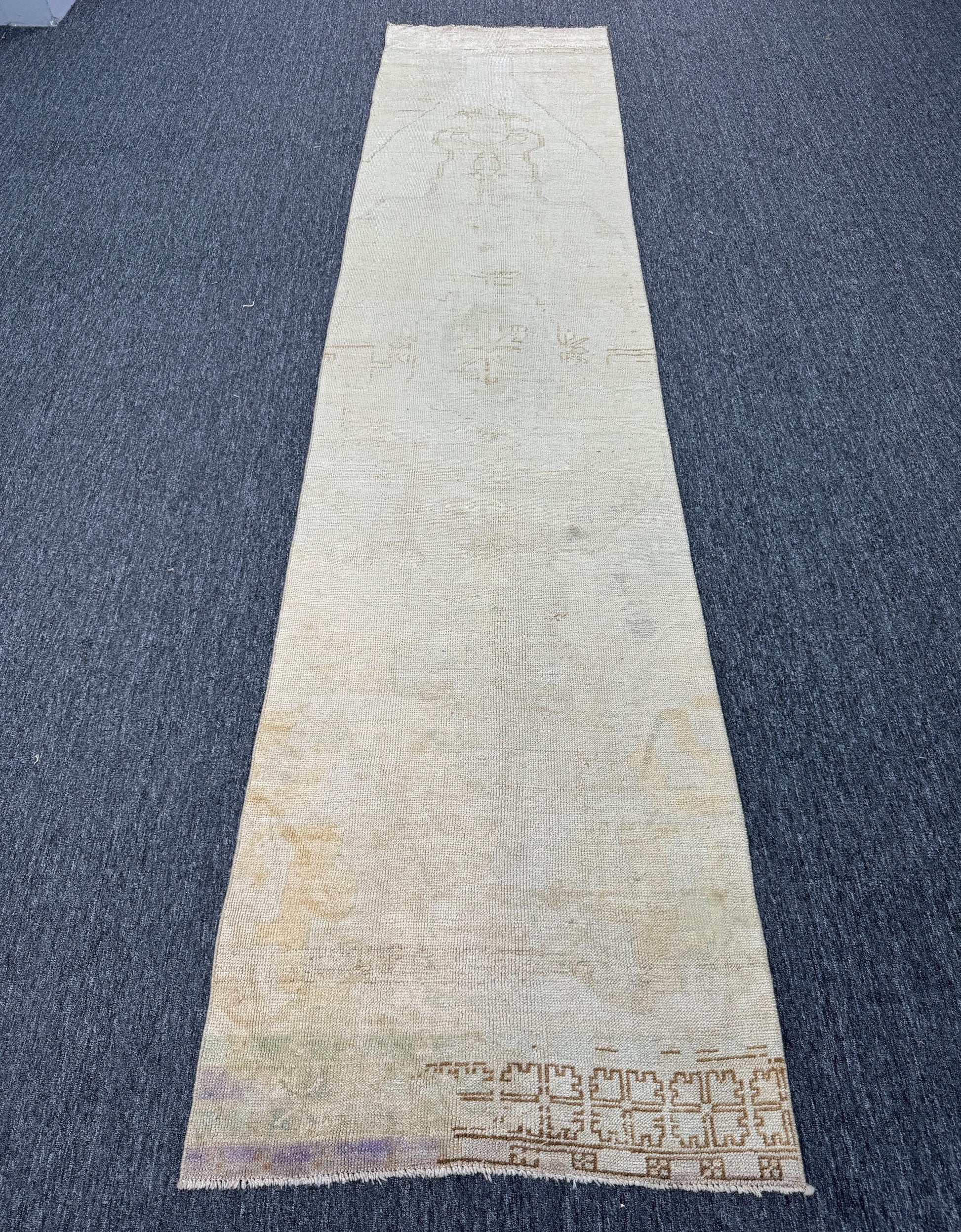 2'10"x12'4"Feet ,Beige background Turkish vintage anatolian runner,cream,brown colors rugs accents, beige border,Floral rugs, faded runner,951