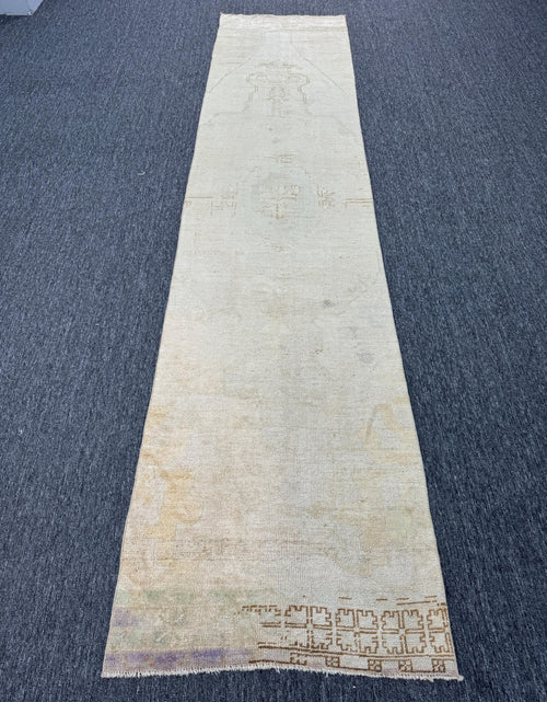2'10"x12'4"Feet ,Beige background Turkish vintage anatolian runner,cream,brown colors rugs accents, beige border,Floral rugs, faded runner,951