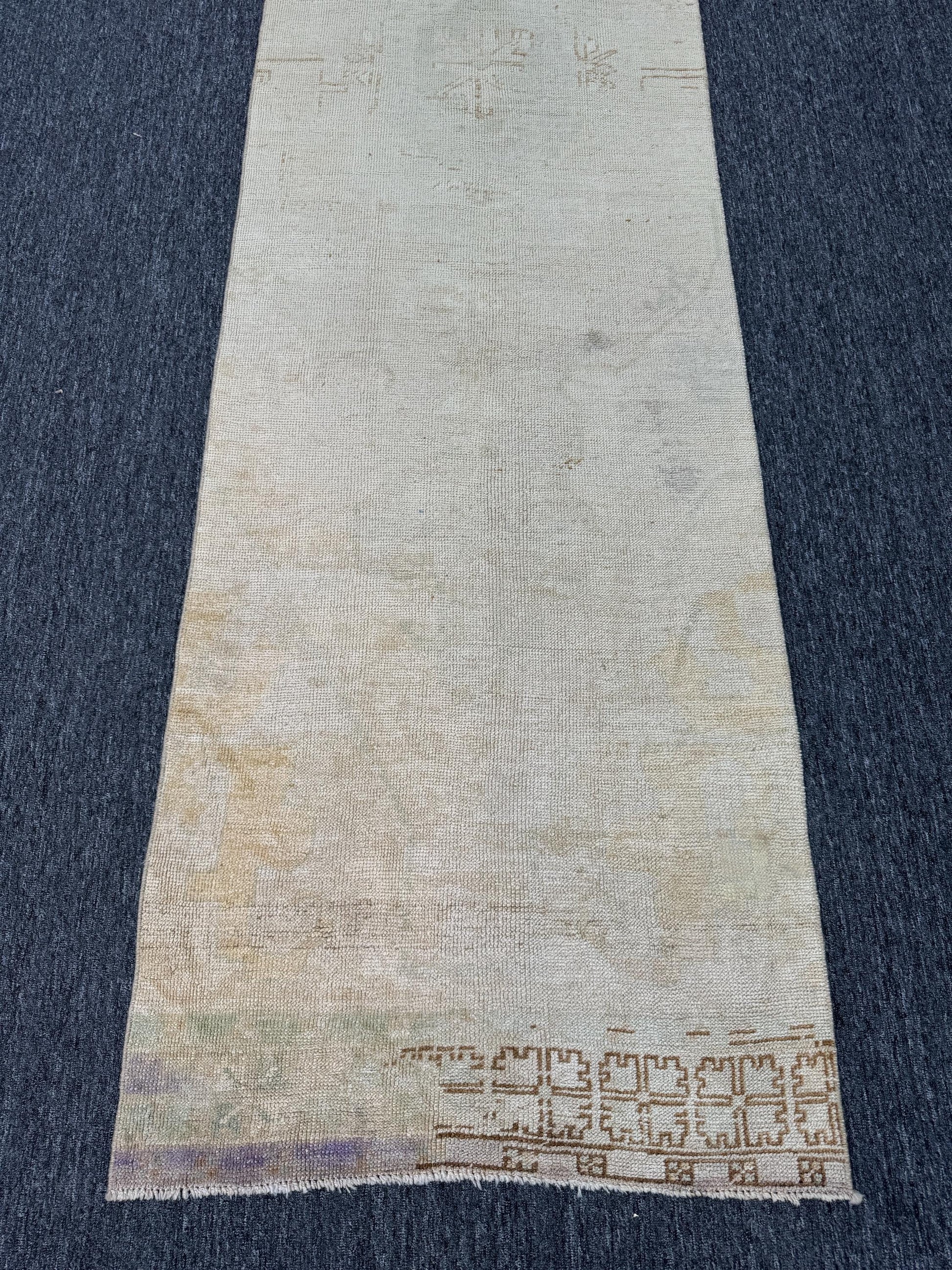 2'10"x12'4"Feet ,Beige background Turkish vintage anatolian runner,cream,brown colors rugs accents, beige border,Floral rugs, faded runner,951