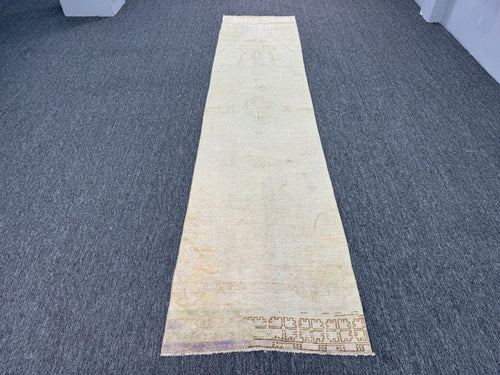 2'10"x12'4"Feet ,Beige background Turkish vintage anatolian runner,cream,brown colors rugs accents, beige border,Floral rugs, faded runner,951