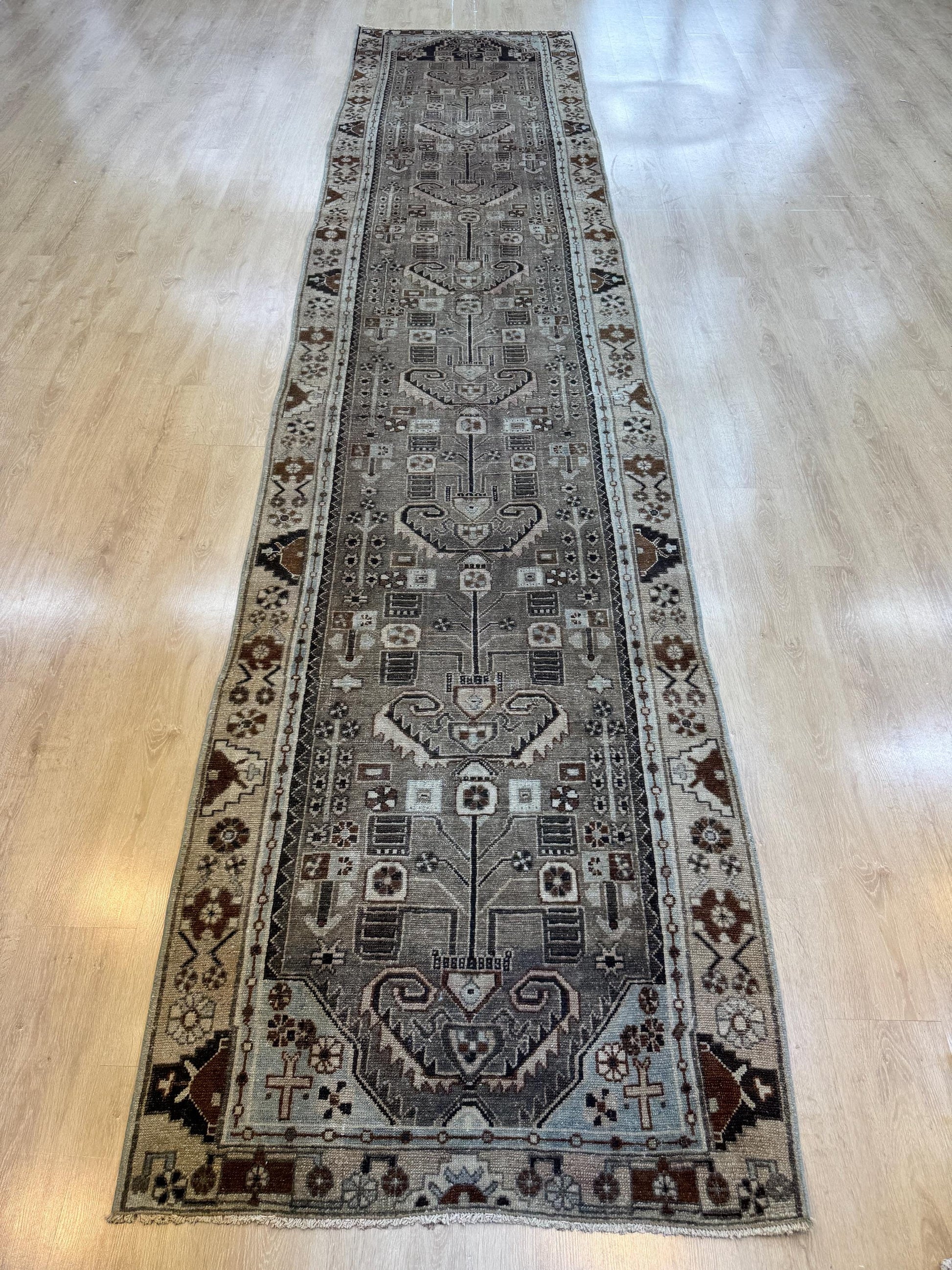 3'6"x16'2" Feet ,brown background Turkish vintage anatolian runner,beige,blue colors rugs,runner,beige border,Floral runner,04