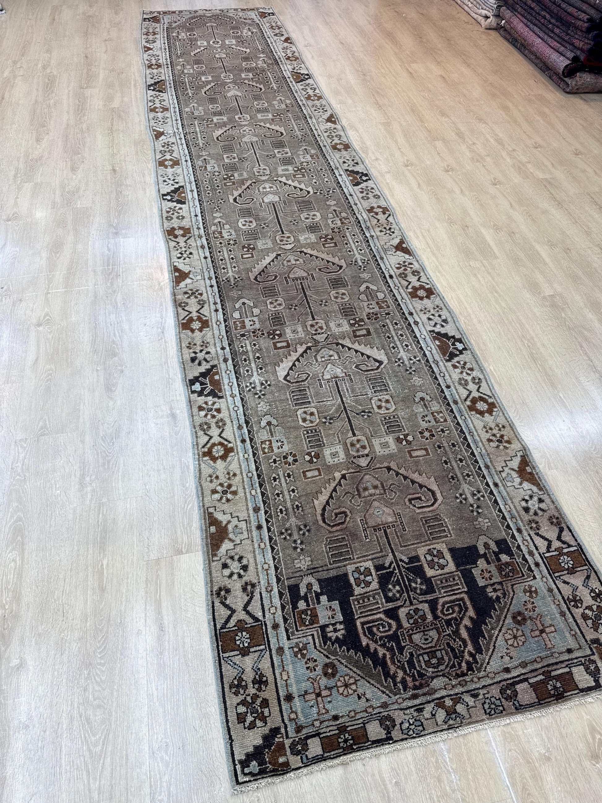 3'6"x16'2" Feet ,brown background Turkish vintage anatolian runner,beige,blue colors rugs,runner,beige border,Floral runner,04
