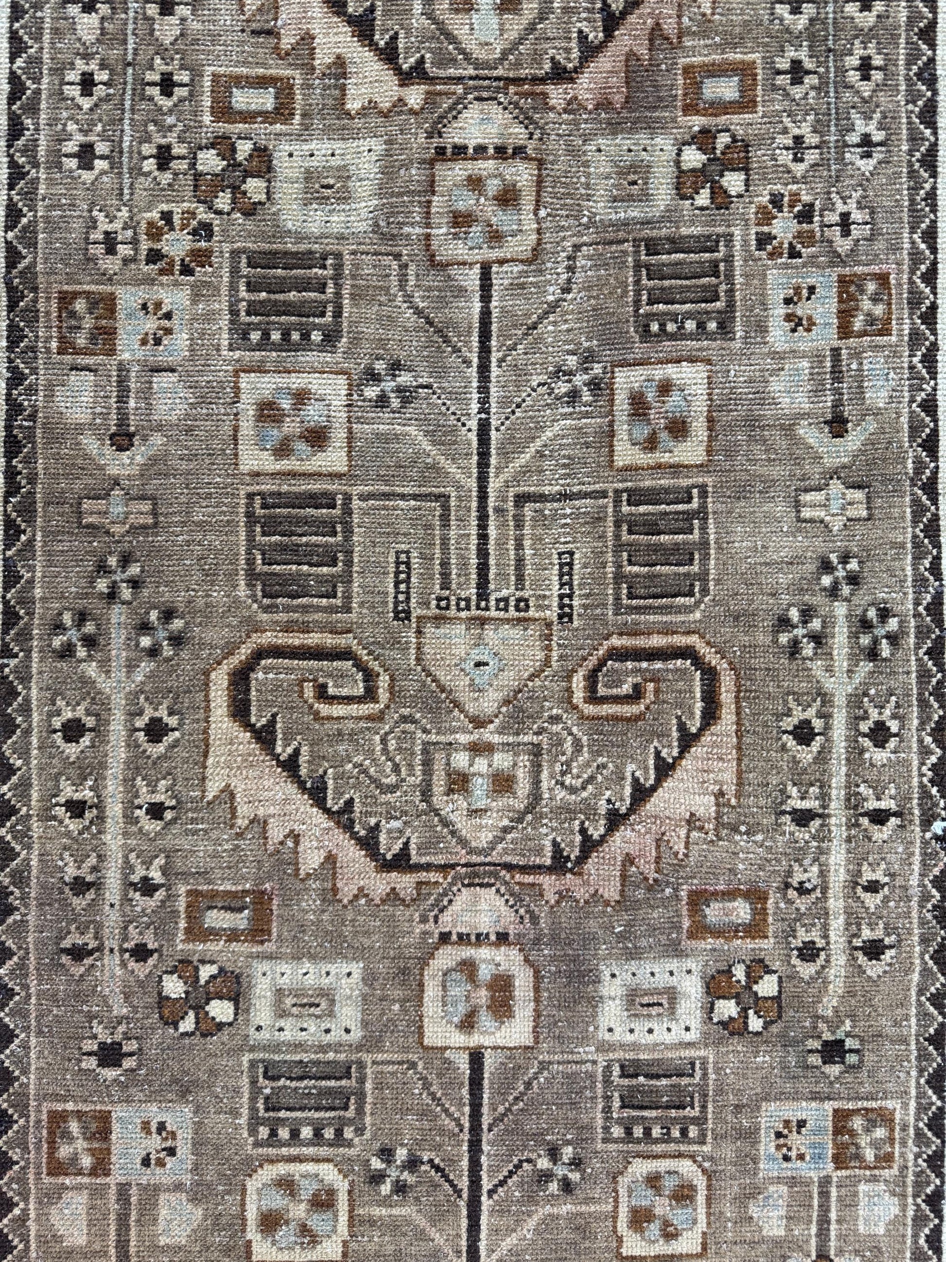 3'6"x16'2" Feet ,brown background Turkish vintage anatolian runner,beige,blue colors rugs,runner,beige border,Floral runner,04