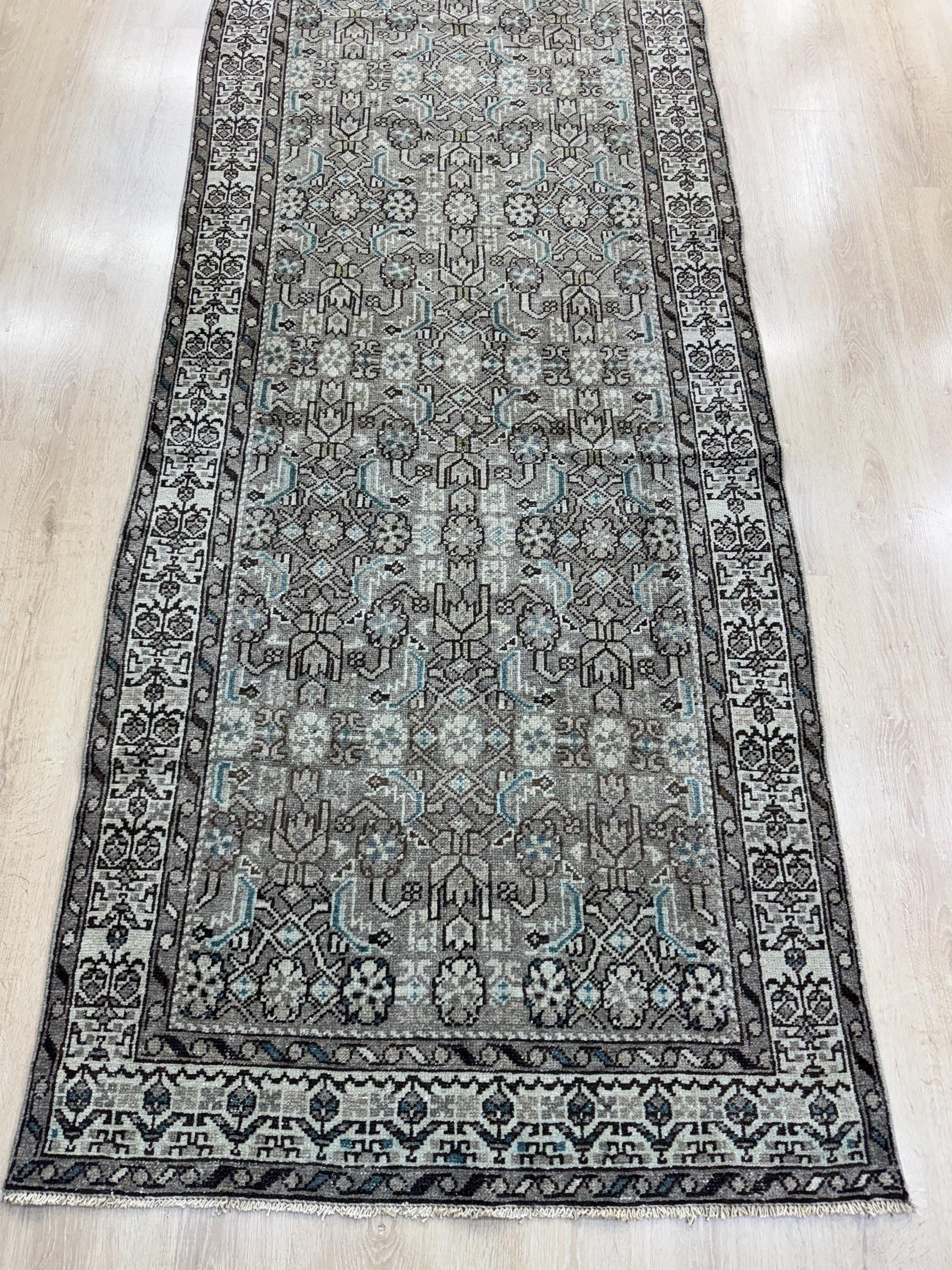 3'6"x14'1" Feet ,light brown background Turkish vintage anatolian runner,beige,blue colors runner,beige border,Floral runner,08