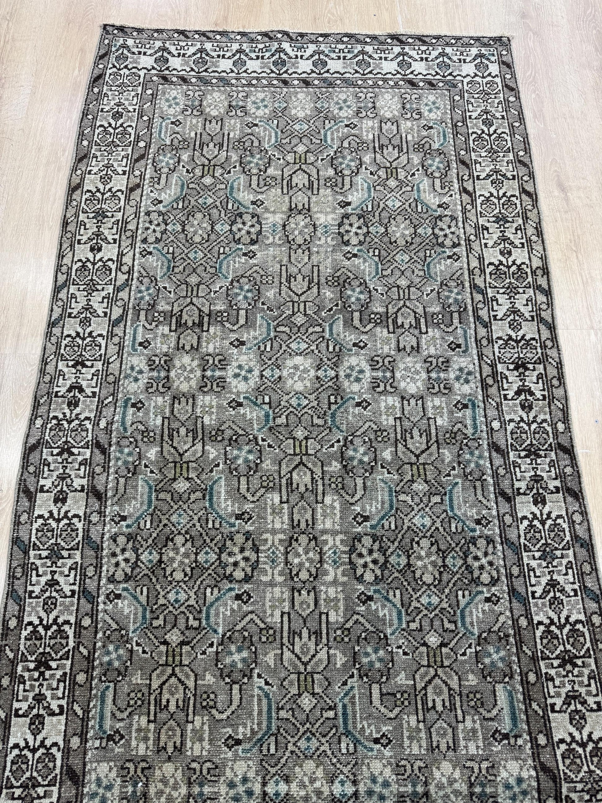 3'6"x14'1" Feet ,light brown background Turkish vintage anatolian runner,beige,blue colors runner,beige border,Floral runner,08