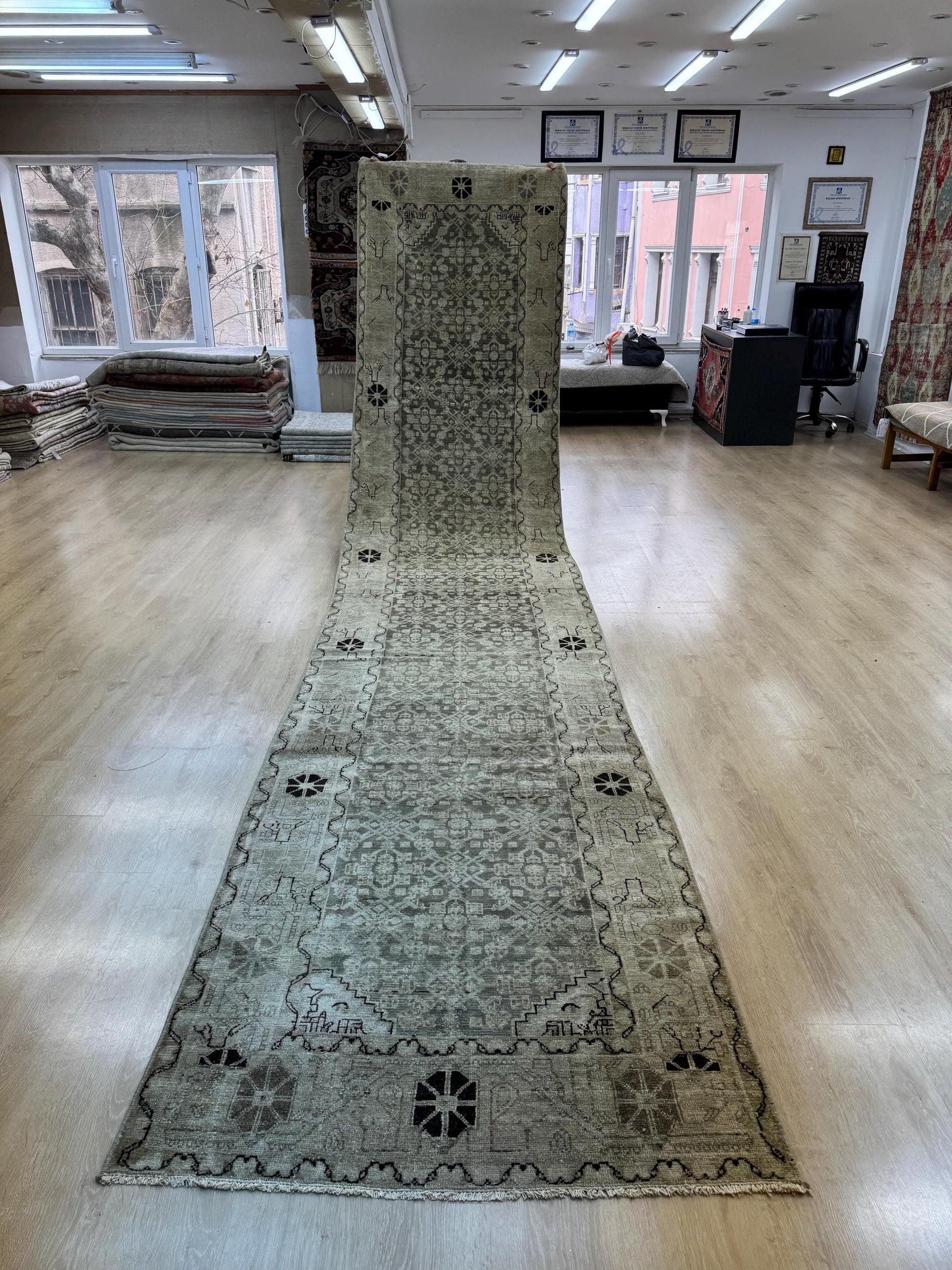3'6"x16'10" Feet ,gray background Turkish vintage anatolian runner,beige,brown colors rugs,runner,beige border,Floral runner,10