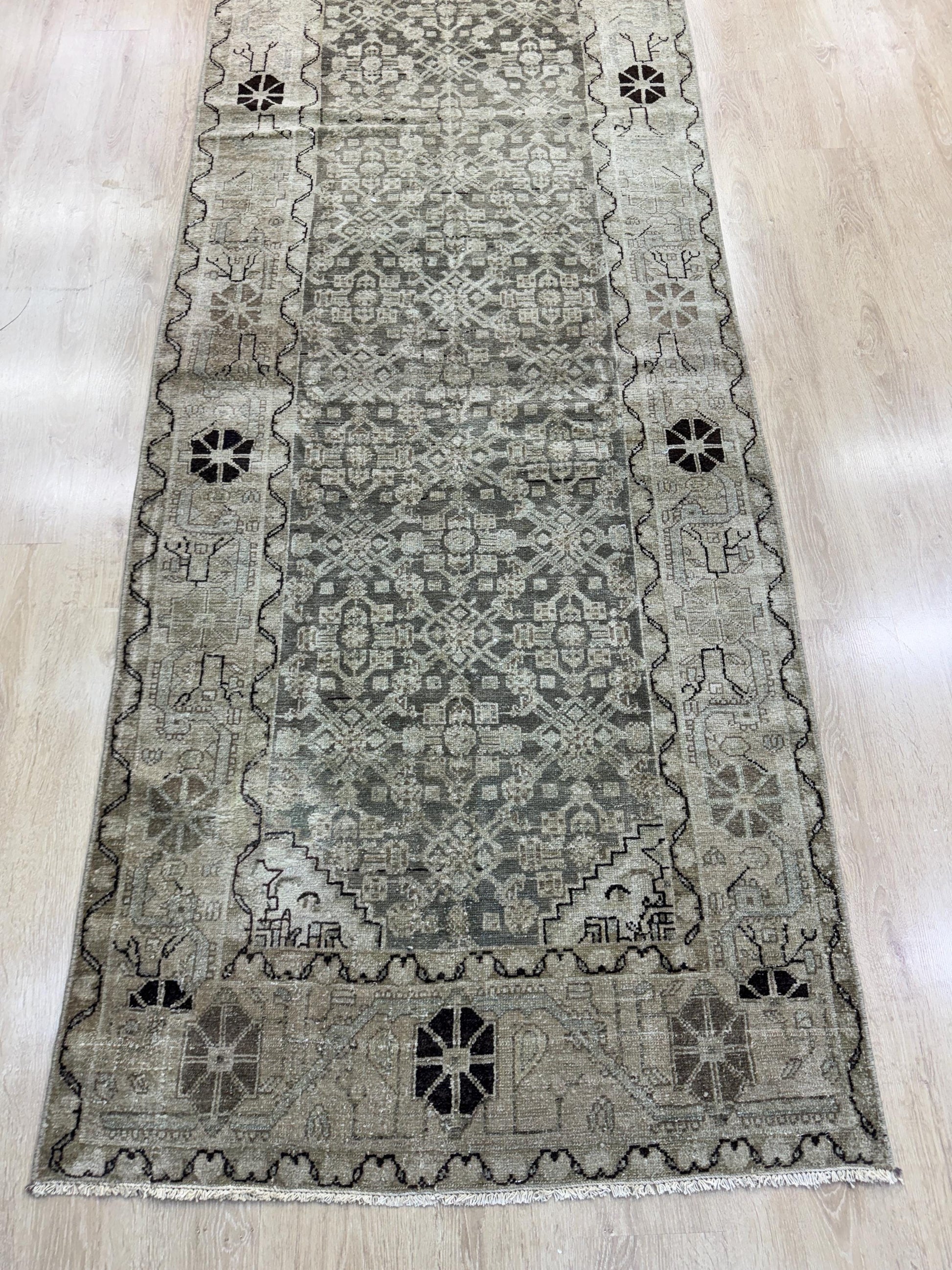 3'6"x16'10" Feet ,gray background Turkish vintage anatolian runner,beige,brown colors rugs,runner,beige border,Floral runner,10