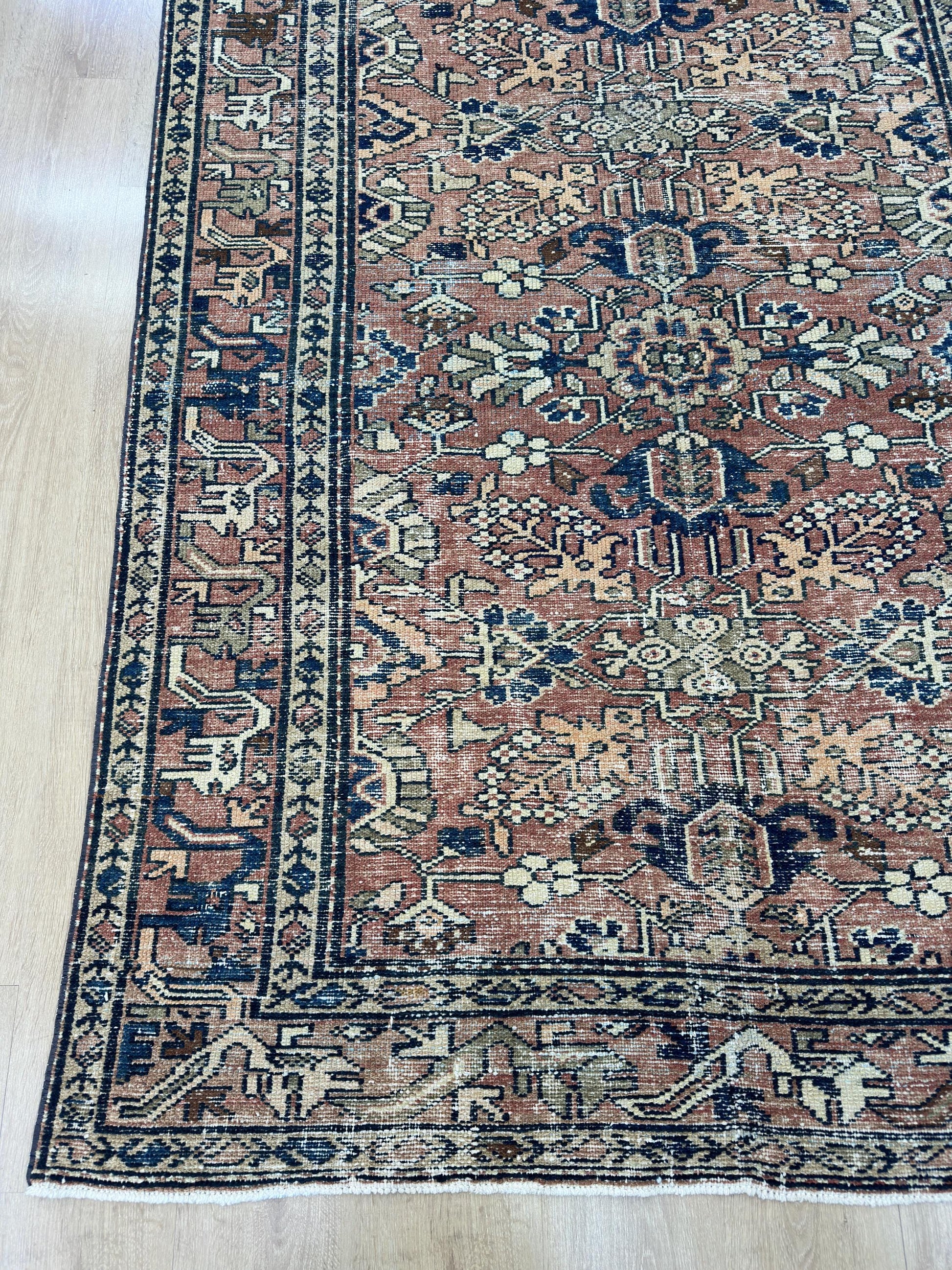 5'1"x9'8" Feet ,Light brick background Turkish vintage anatolian rug,navy blue,cream colors rugs,area rugs,cream border,Floral rugs,17