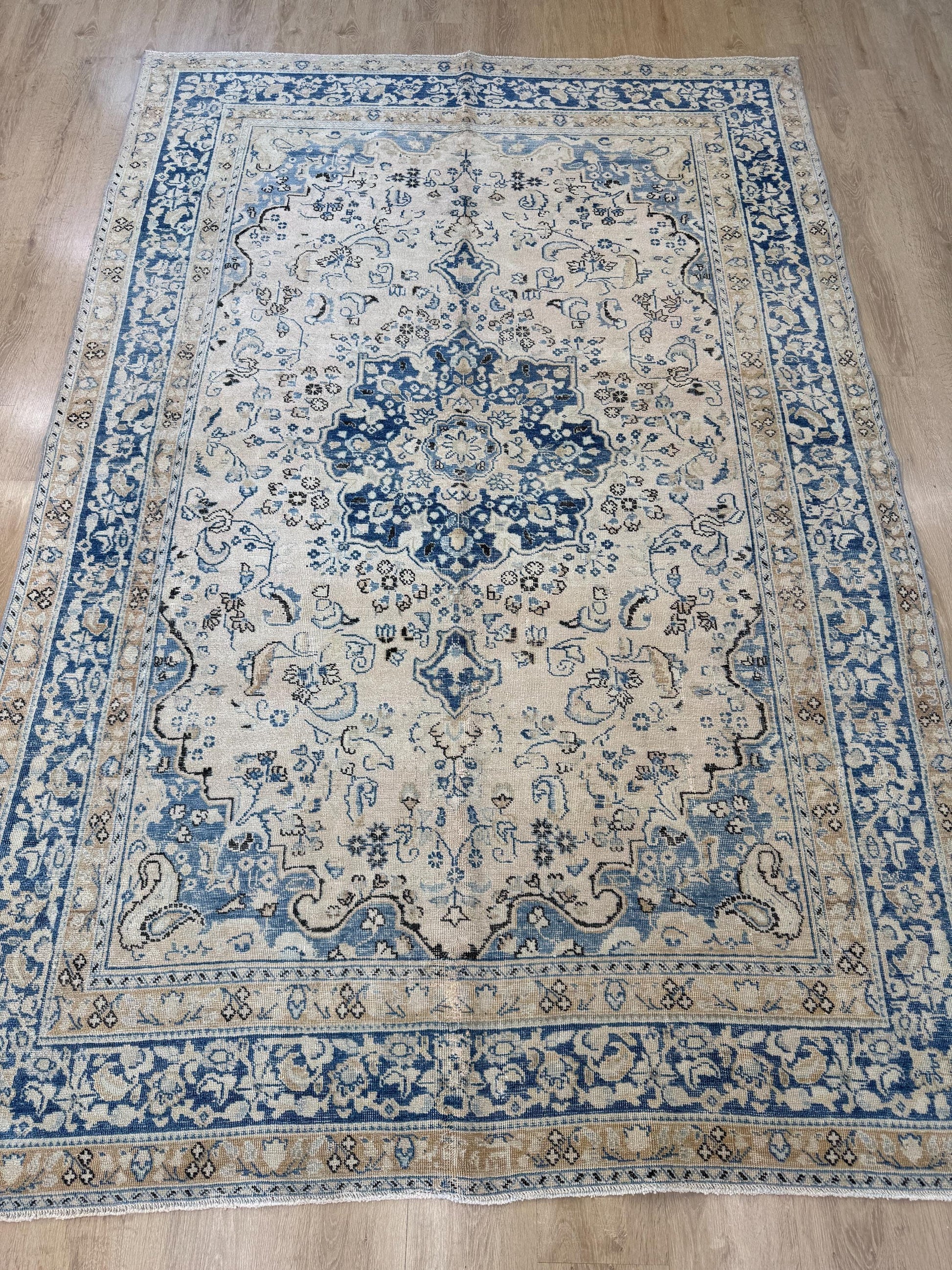 6'2"x9'2" Feet ,blue background Turkish vintage anatolian rug,beige,brown colors rugs,area rugs,beige border,Floral rug,22