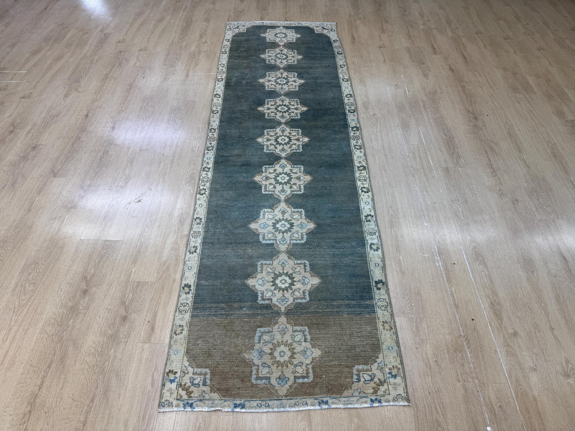 3"x9'5" Feet ,blue background Turkish vintage anatolian runner,beige,brown colors rugs,runner,beige border,Floral runner,27