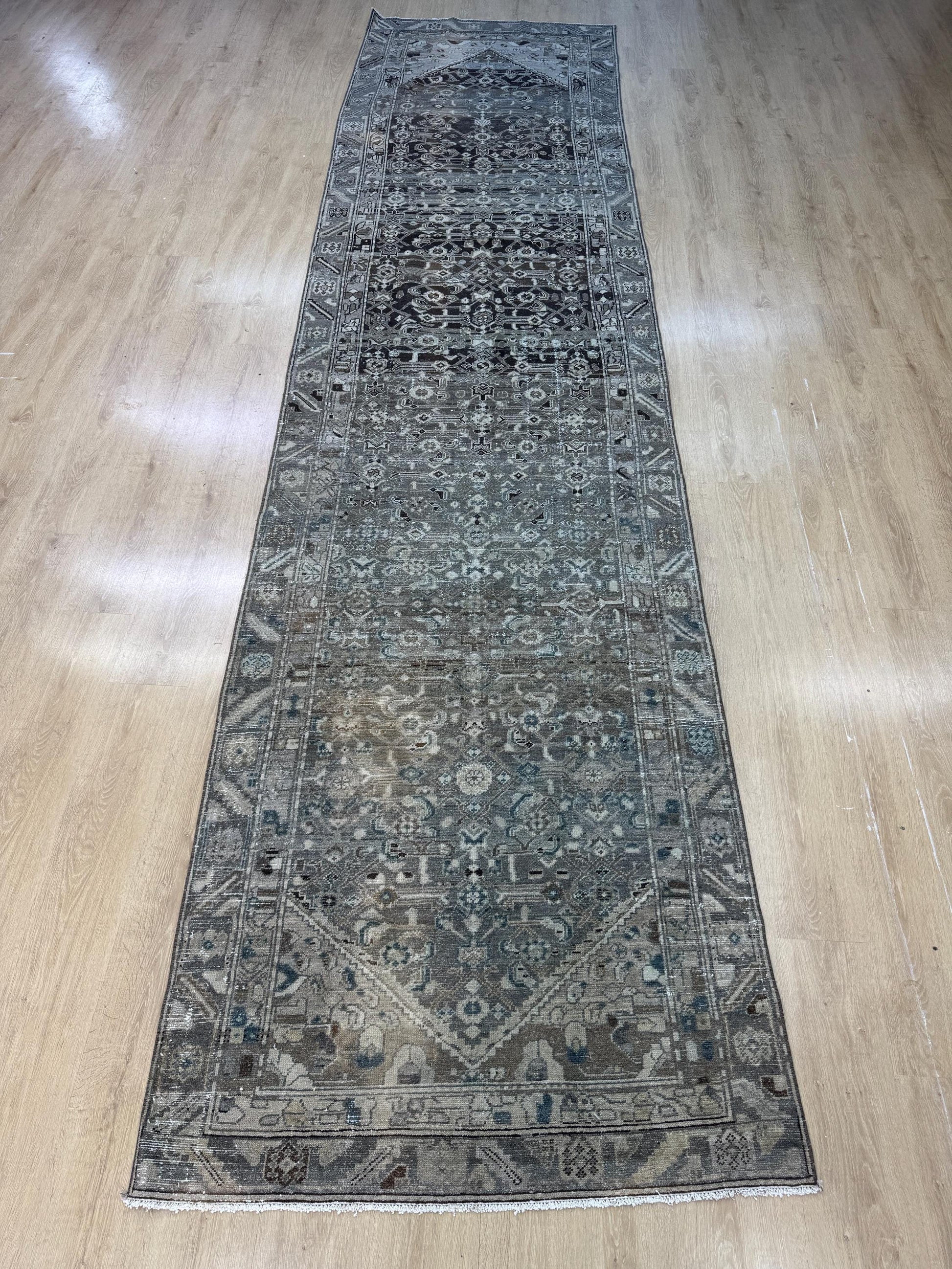 4"x15'9" Feet ,Gray background Turkish vintage anatolian runner,beige,brown colors rugs,runner,beige border,Floral runner,28