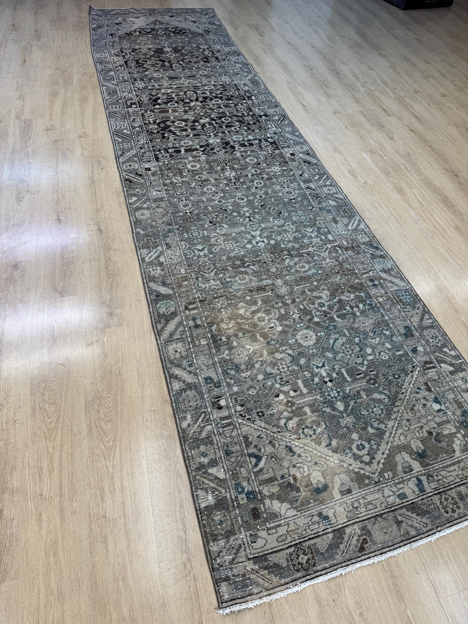 4"x15'9" Feet ,Gray background Turkish vintage anatolian runner,beige,brown colors rugs,runner,beige border,Floral runner,28