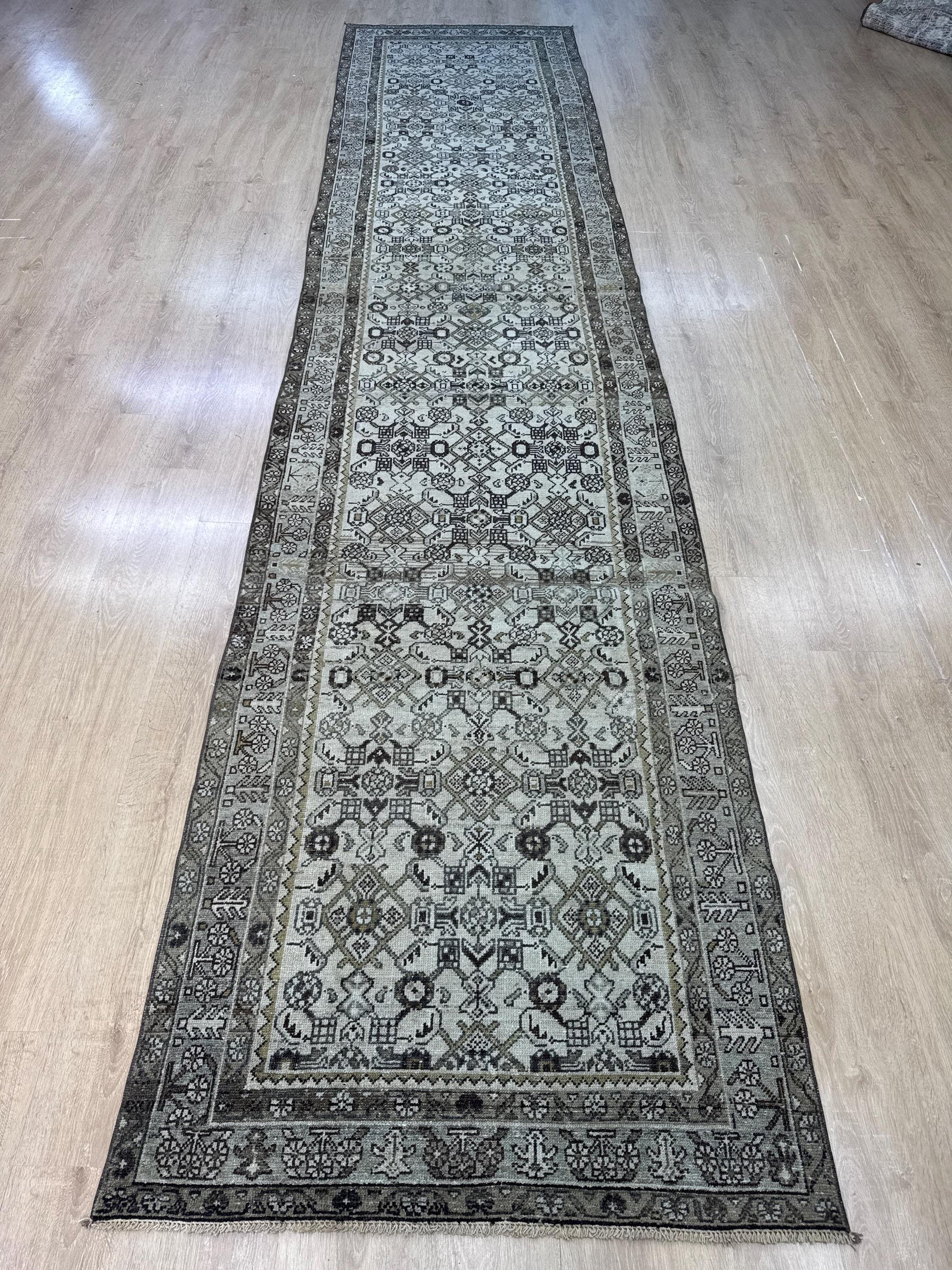 3'5"x15'6" Feet ,cream background Turkish vintage anatolian runner,brown,gray colors rugs,runner,gray border,Floral runner,30