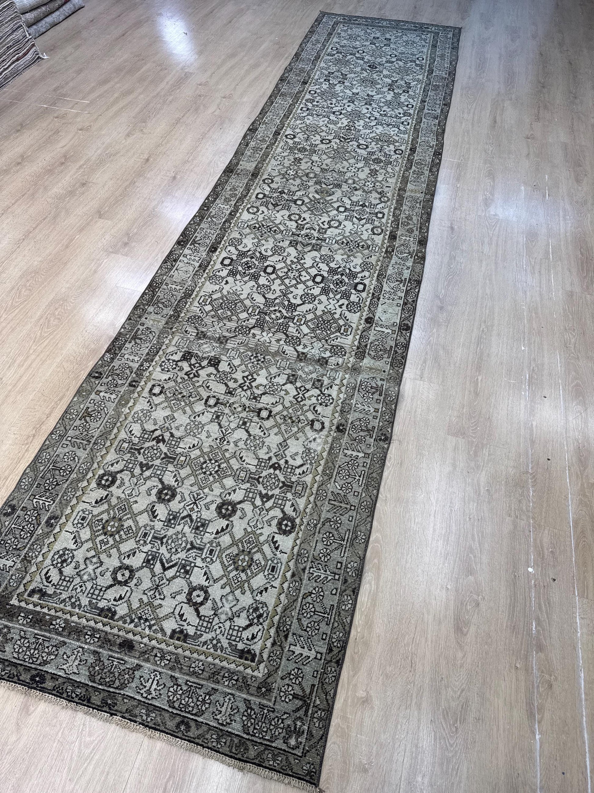 3'5"x15'6" Feet ,cream background Turkish vintage anatolian runner,brown,gray colors rugs,runner,gray border,Floral runner,30