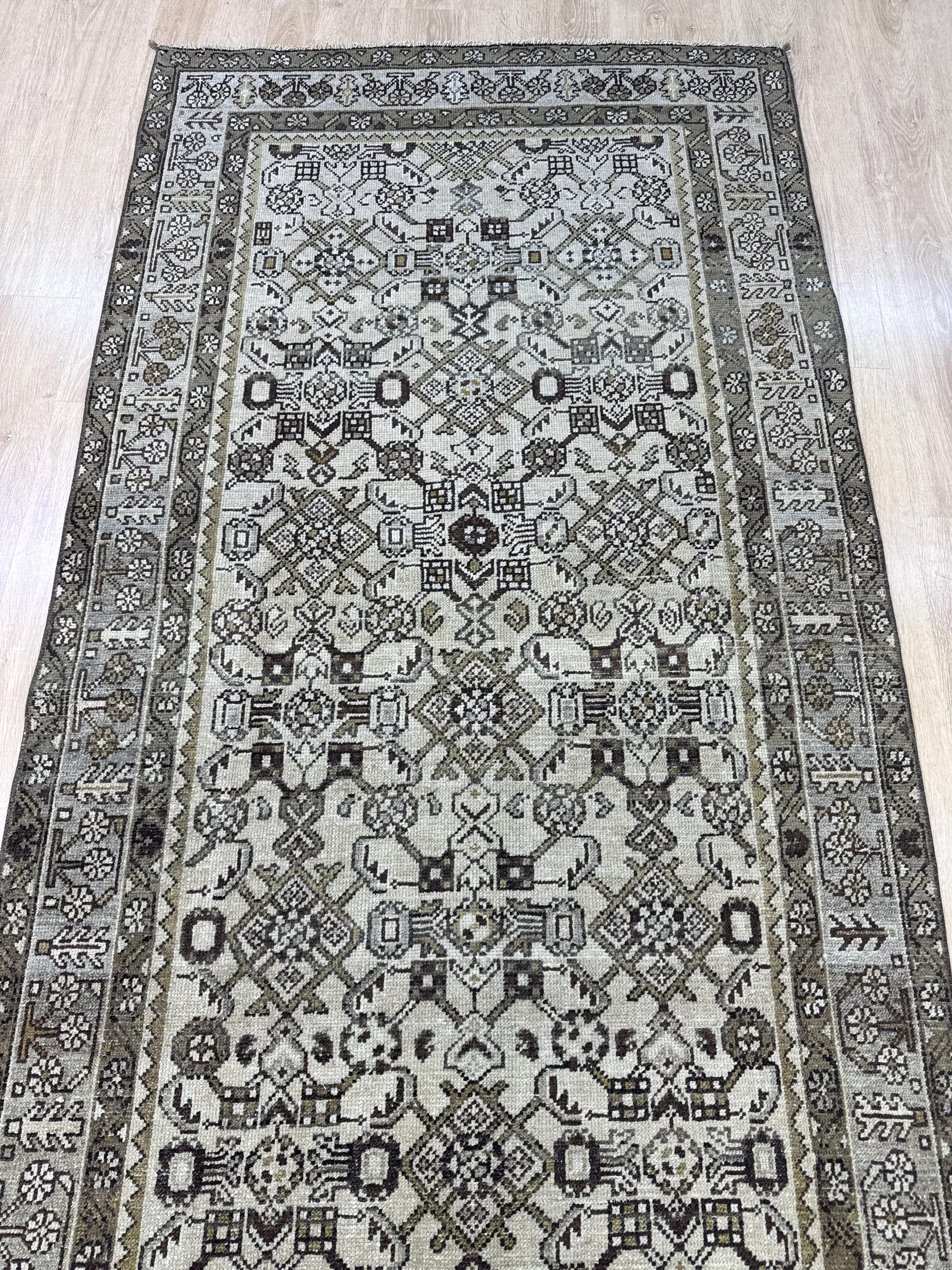 3'5"x15'6" Feet ,cream background Turkish vintage anatolian runner,brown,gray colors rugs,runner,gray border,Floral runner,30