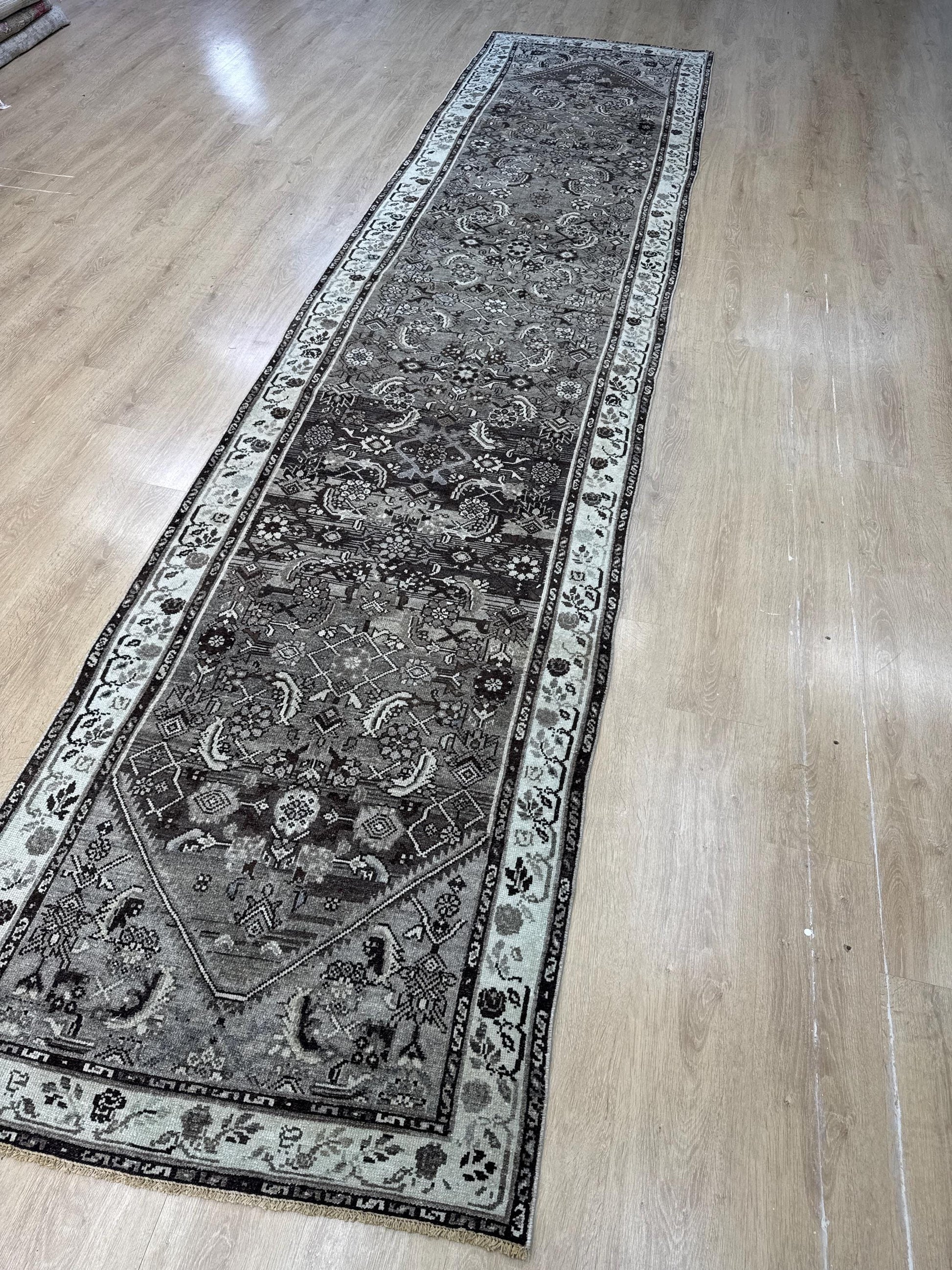3'4"x14'11" Feet ,Gray background Turkish vintage anatolian runner,brown,cream colors rugs,runner,cream border,Floral runner,31