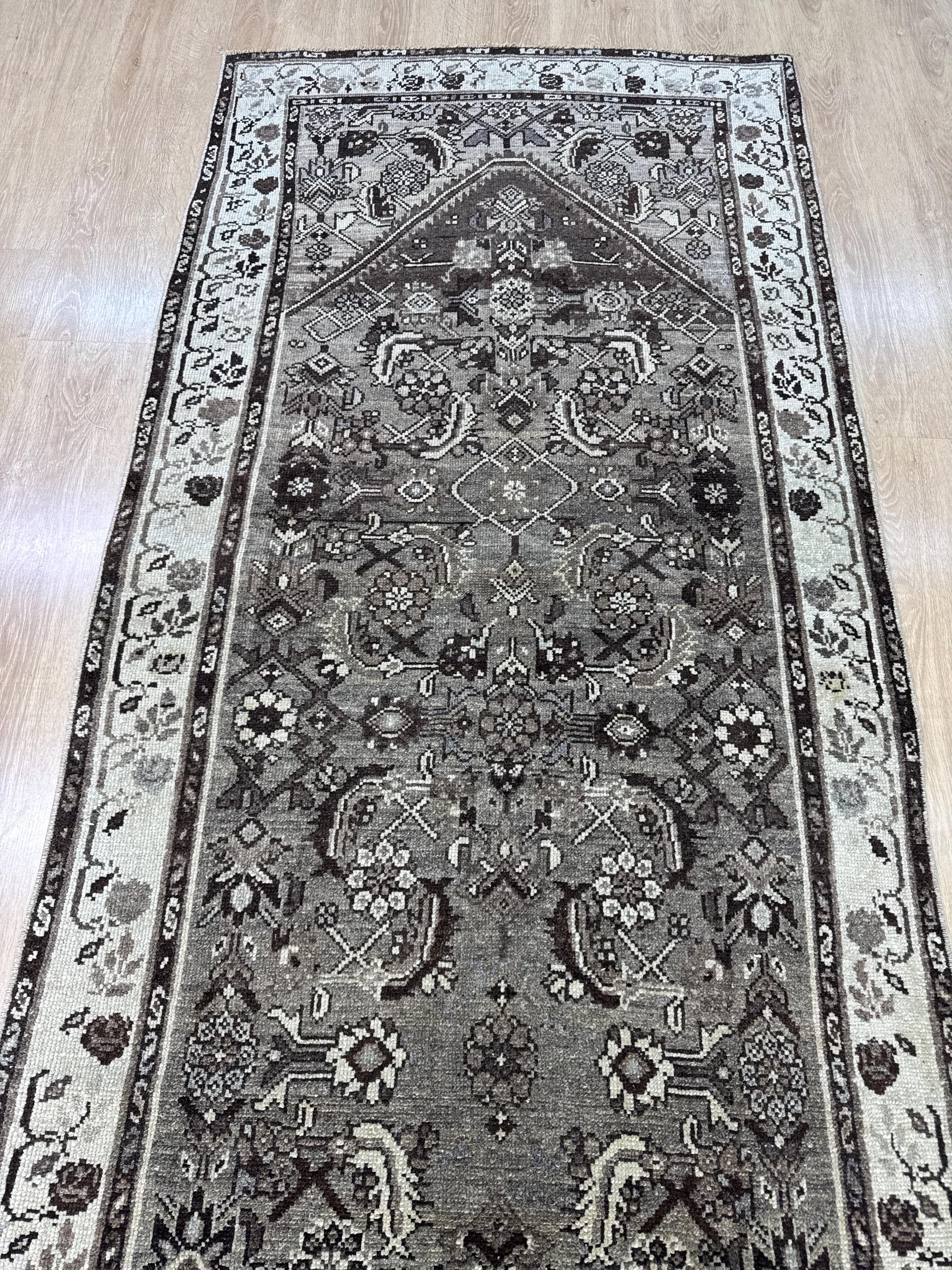 3'4"x14'11" Feet ,Gray background Turkish vintage anatolian runner,brown,cream colors rugs,runner,cream border,Floral runner,31
