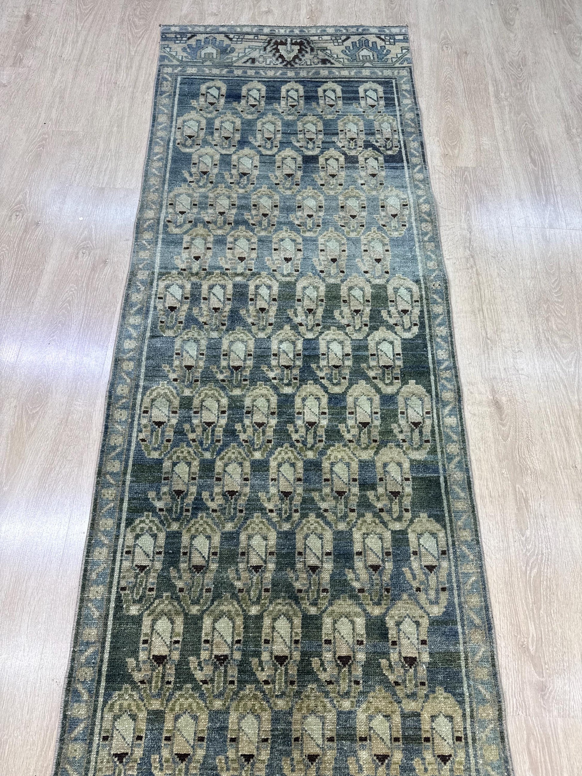 2'8"x17" Feet ,blue background Turkish vintage anatolian runner,beige,cream colors rugs,runner,blue border,Floral runner,32
