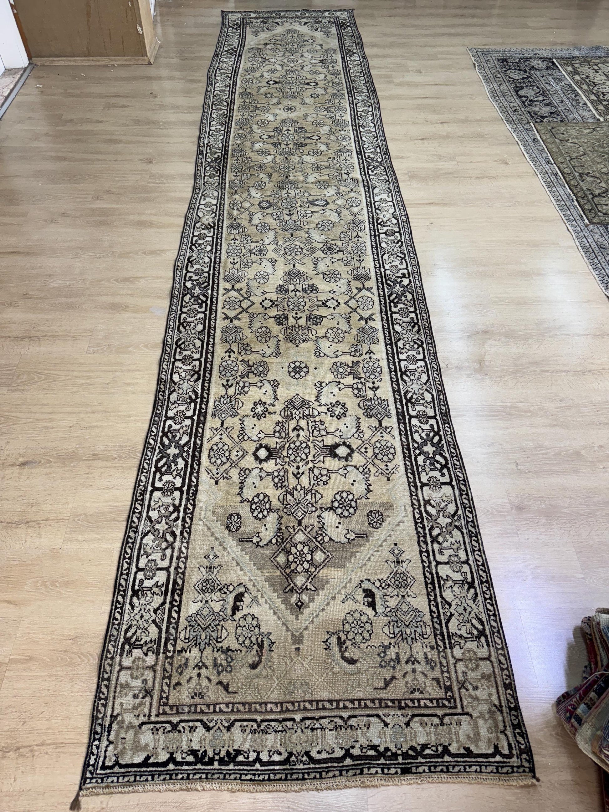 3'5"x16'5" Feet ,Yellow background Turkish vintage anatolian runner, brown,cream colors rugs,runner,cream border,Floral runner,42