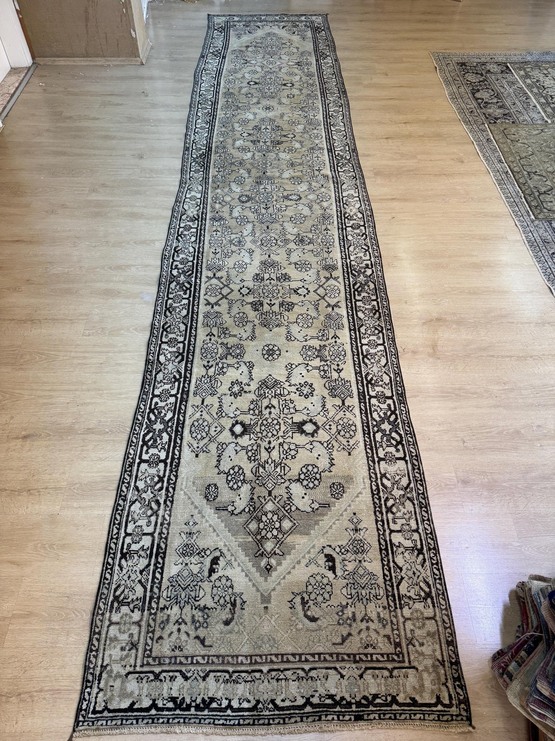 3'5"x16'5" Feet ,Yellow background Turkish vintage anatolian runner, brown,cream colors rugs,runner,cream border,Floral runner,42