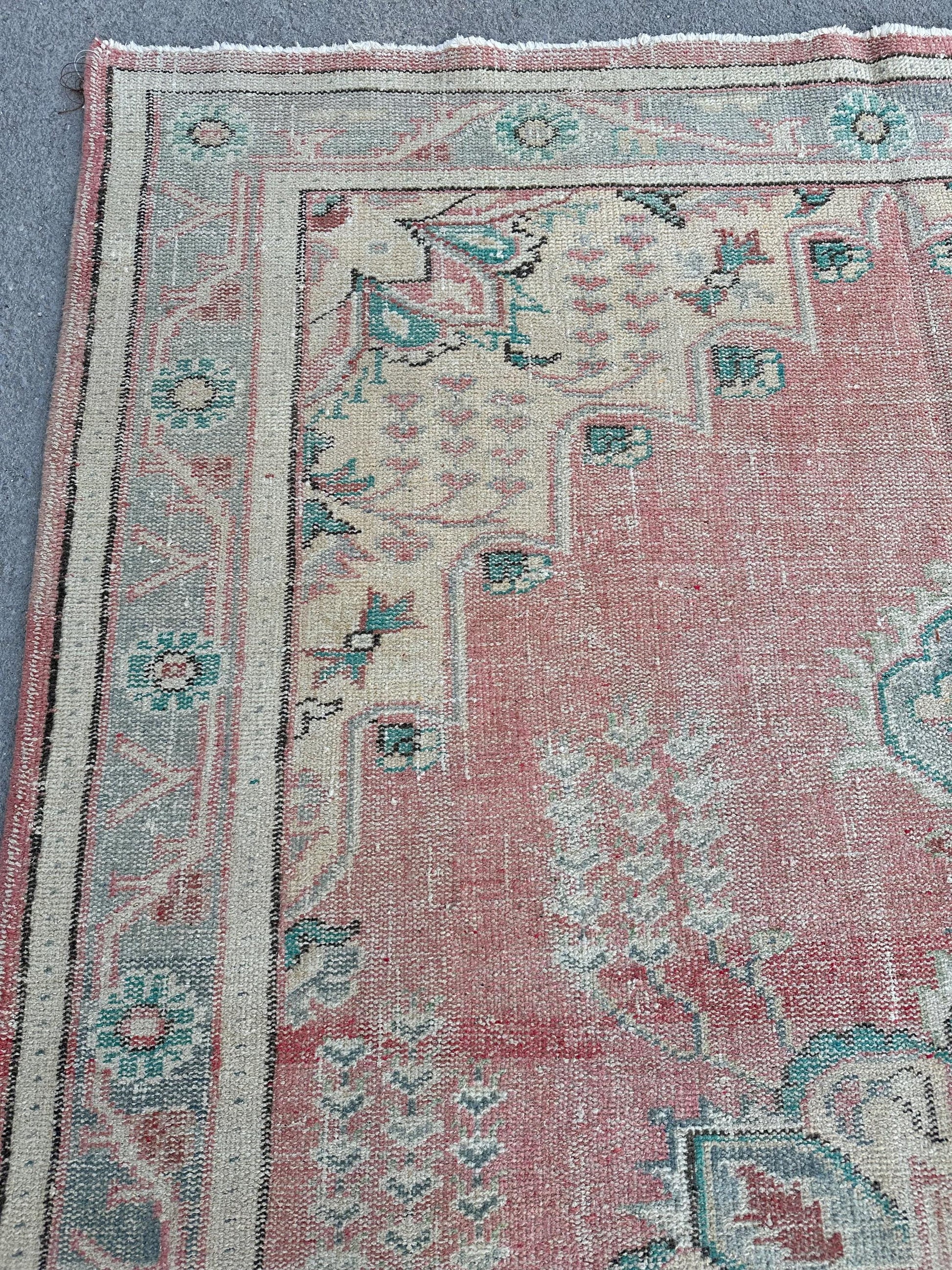 6'5"x9'6" Feet ,Pink background Turkish vintage anatolian rug,beige,green,gray colors rugs,area rugs,gray border,Floral rugs,470