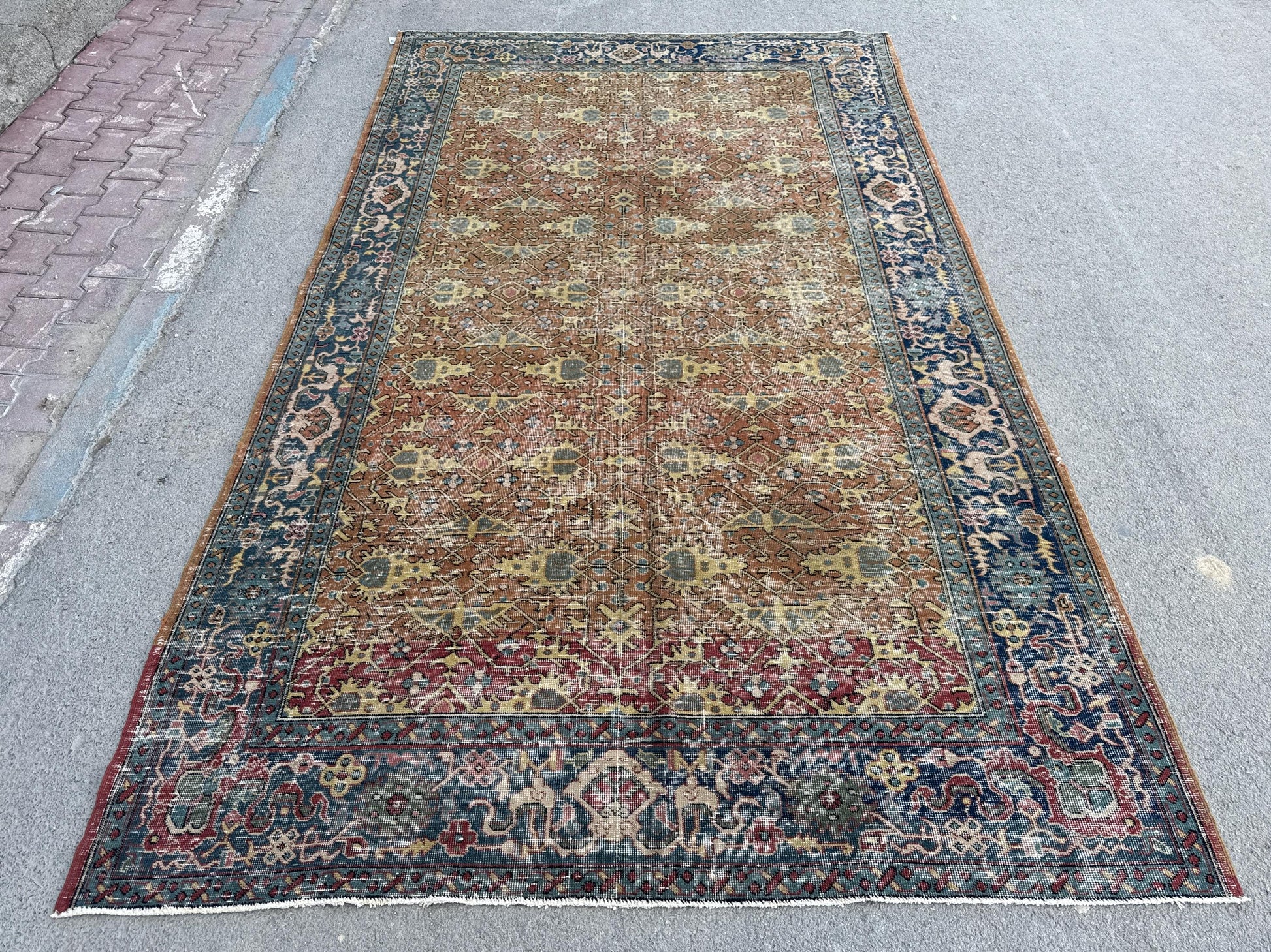 6'5"x10'10" Feet ,Orange background Turkish vintage anatolian rug,yellow,red colors rugs,area rugs,blue border,Floral rugs,578
