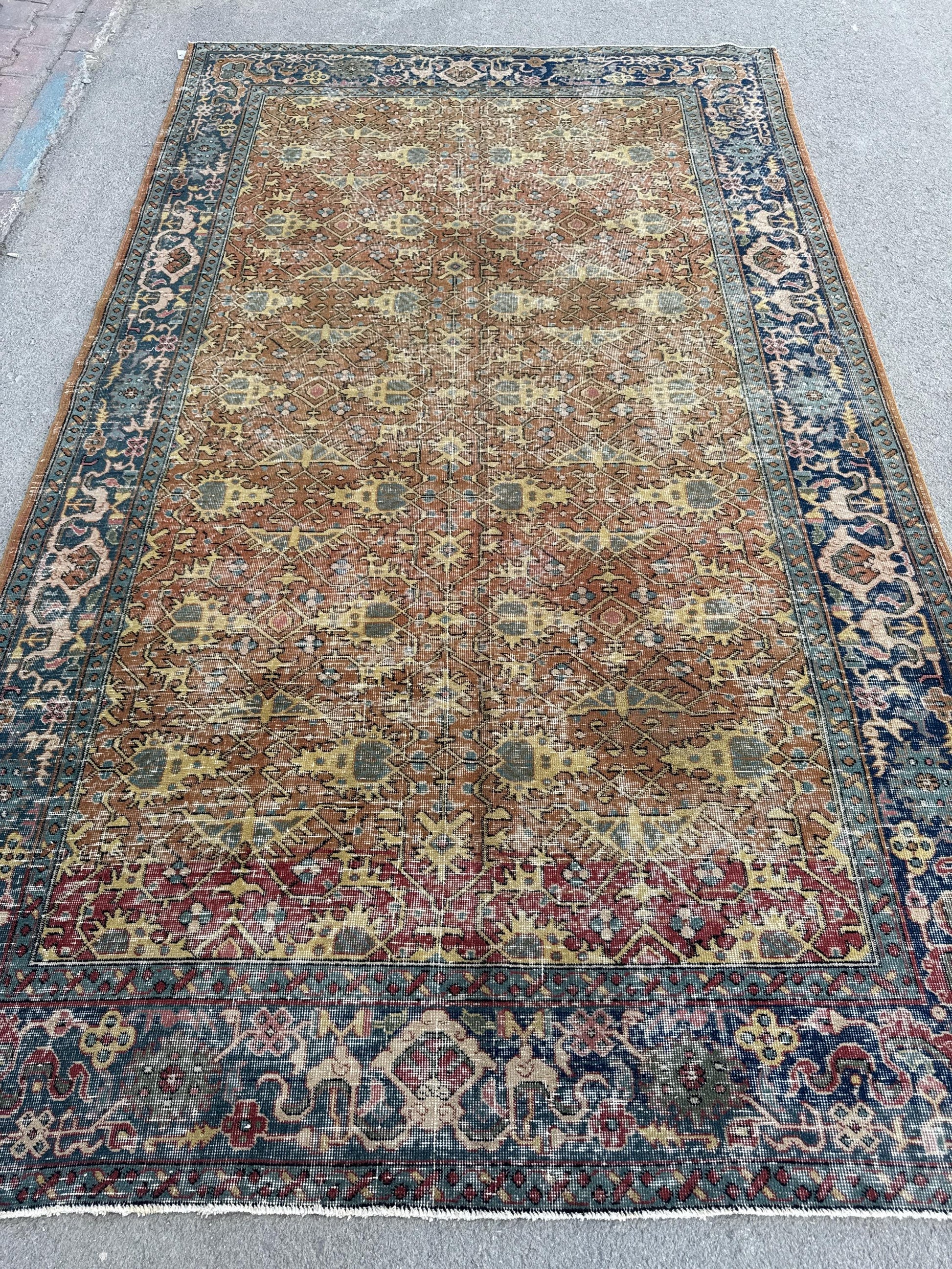6'5"x10'10" Feet ,Orange background Turkish vintage anatolian rug,yellow,red colors rugs,area rugs,blue border,Floral rugs,578